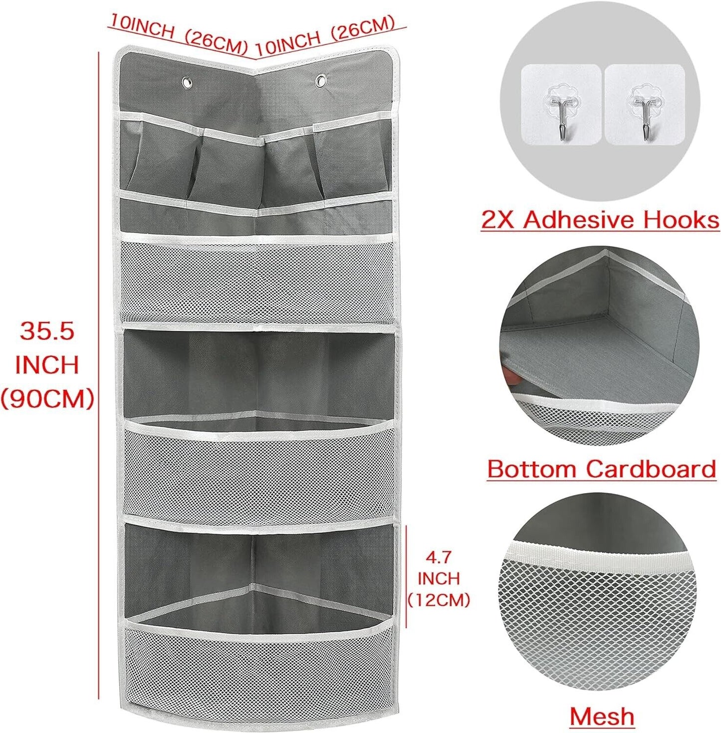 Corner hanging 3 tier shelf in grey with mesh pockets and adhesive hooks for space-saving storage