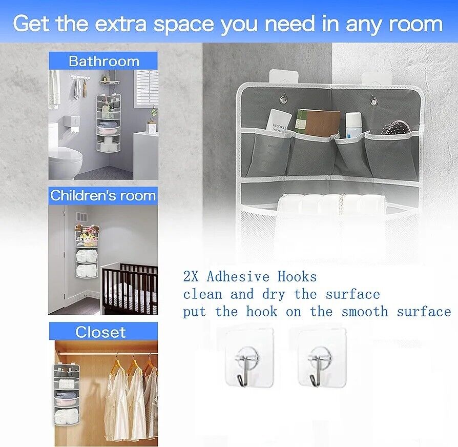 JarM corner hanging 3 tier shelf providing extra storage for bathroom, children's room, and closet