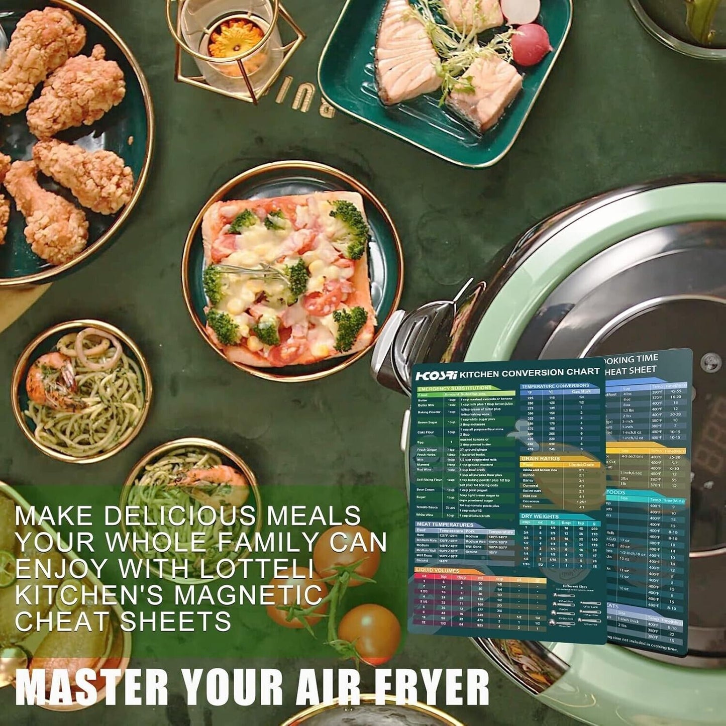 Air fryer magnetic cheat sheet displayed alongside a variety of cooked meals on a dinner table