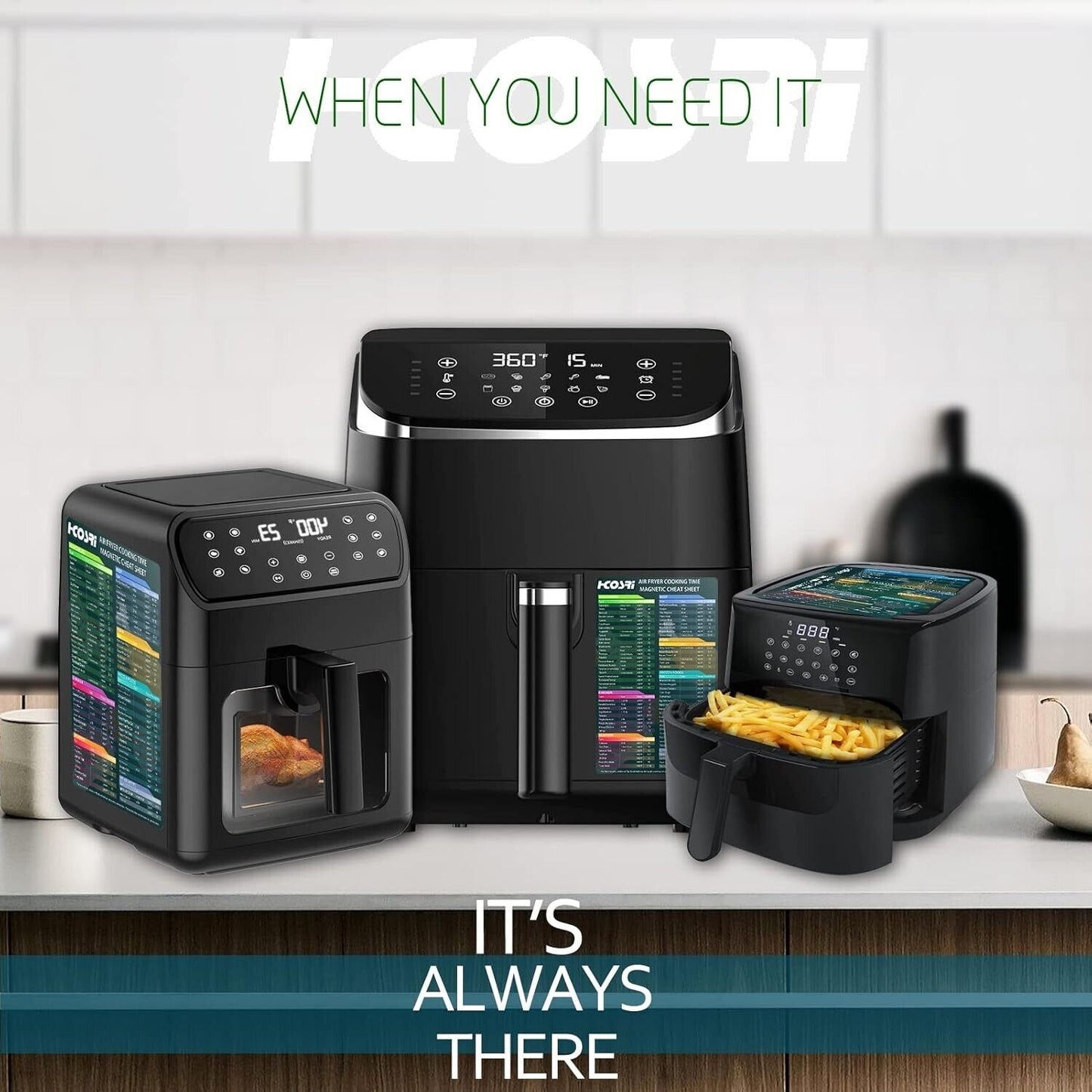 Air fryer magnetic cheat sheet displayed on various stylish air fryers for easy cooking reference