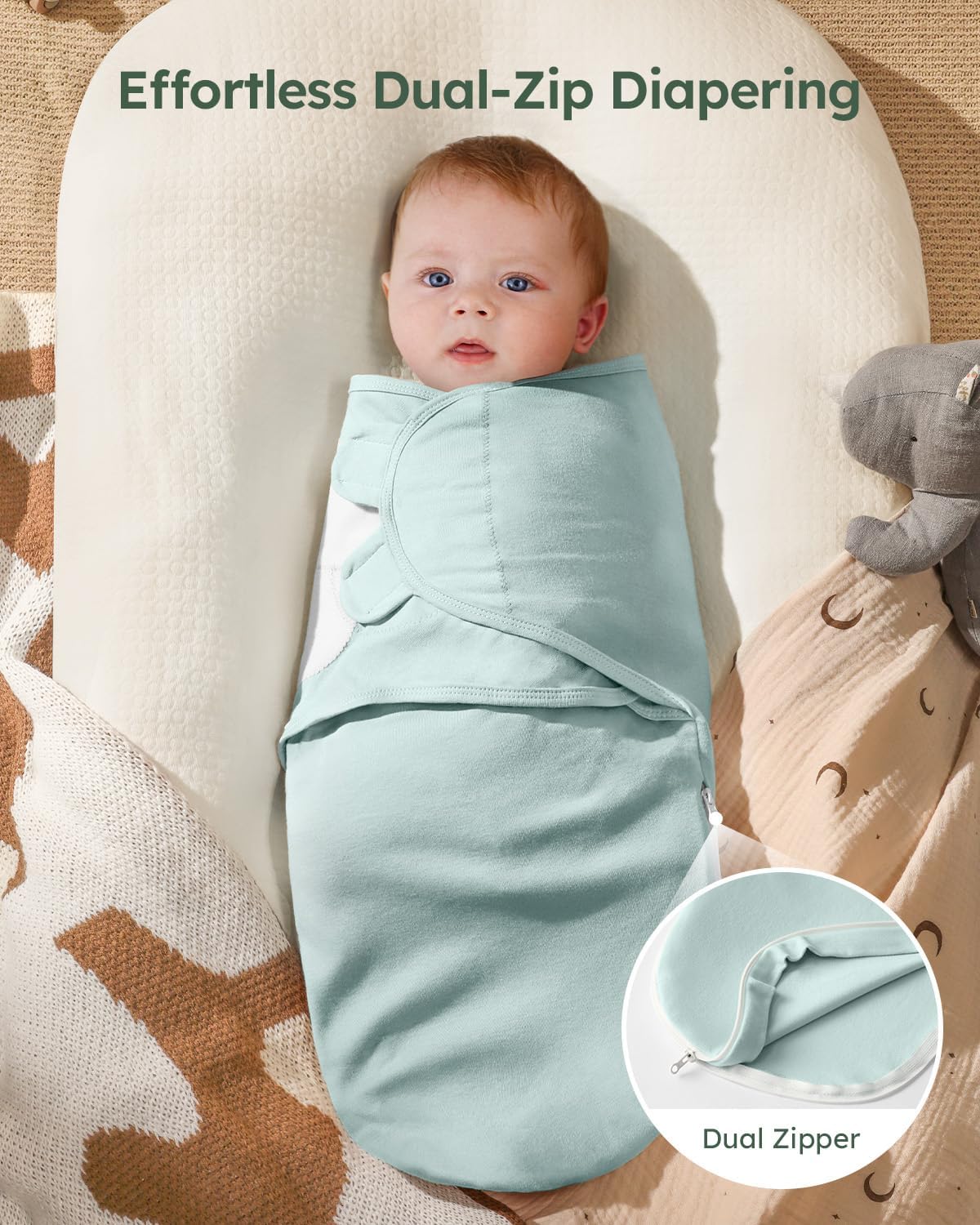 Cotton baby swaddles with zipper in mint green for easy dual-zip diapering and comfort
