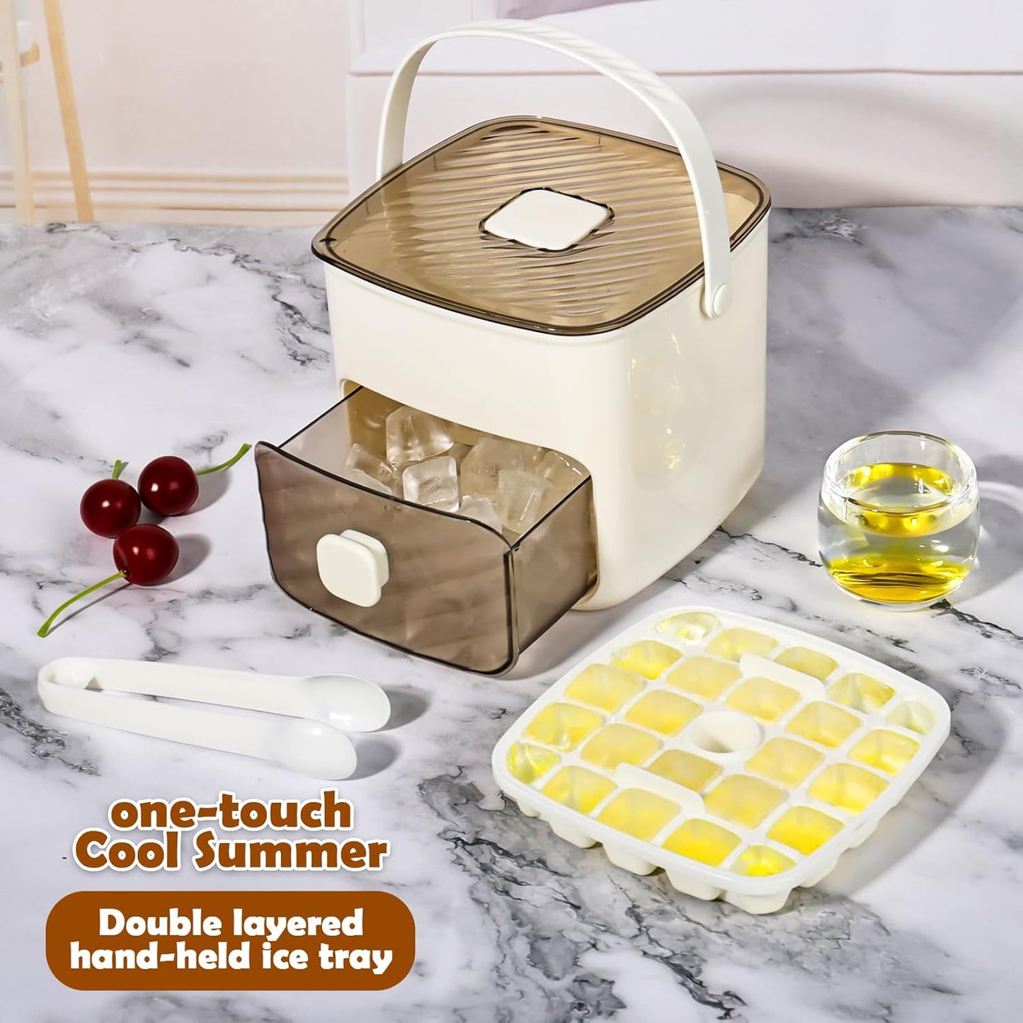 Countertop ice maker machine with a hand-held ice tray and tongs for easy use in summer