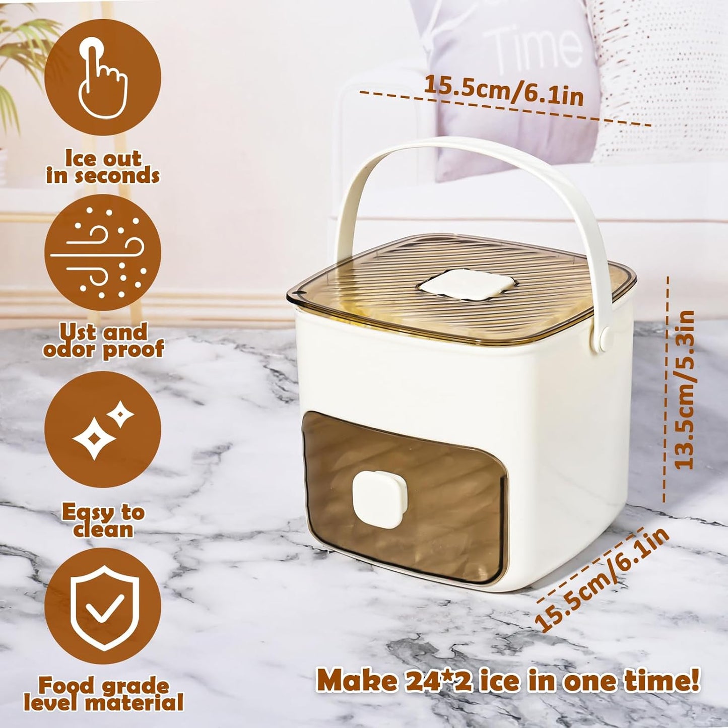 Countertop ice maker machine that makes 24+2 ice cubes in one go, easy to clean and food grade material