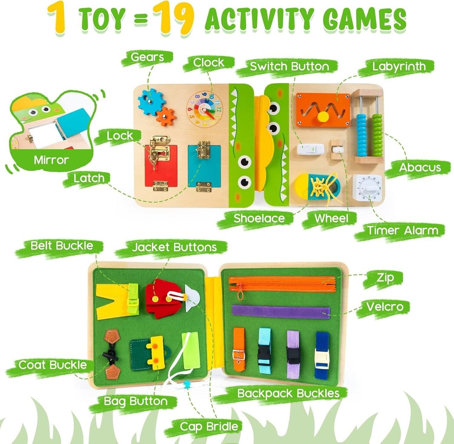 Crocodile busy board for kids featuring gears, clock, shoelace, and various activity games for learning.