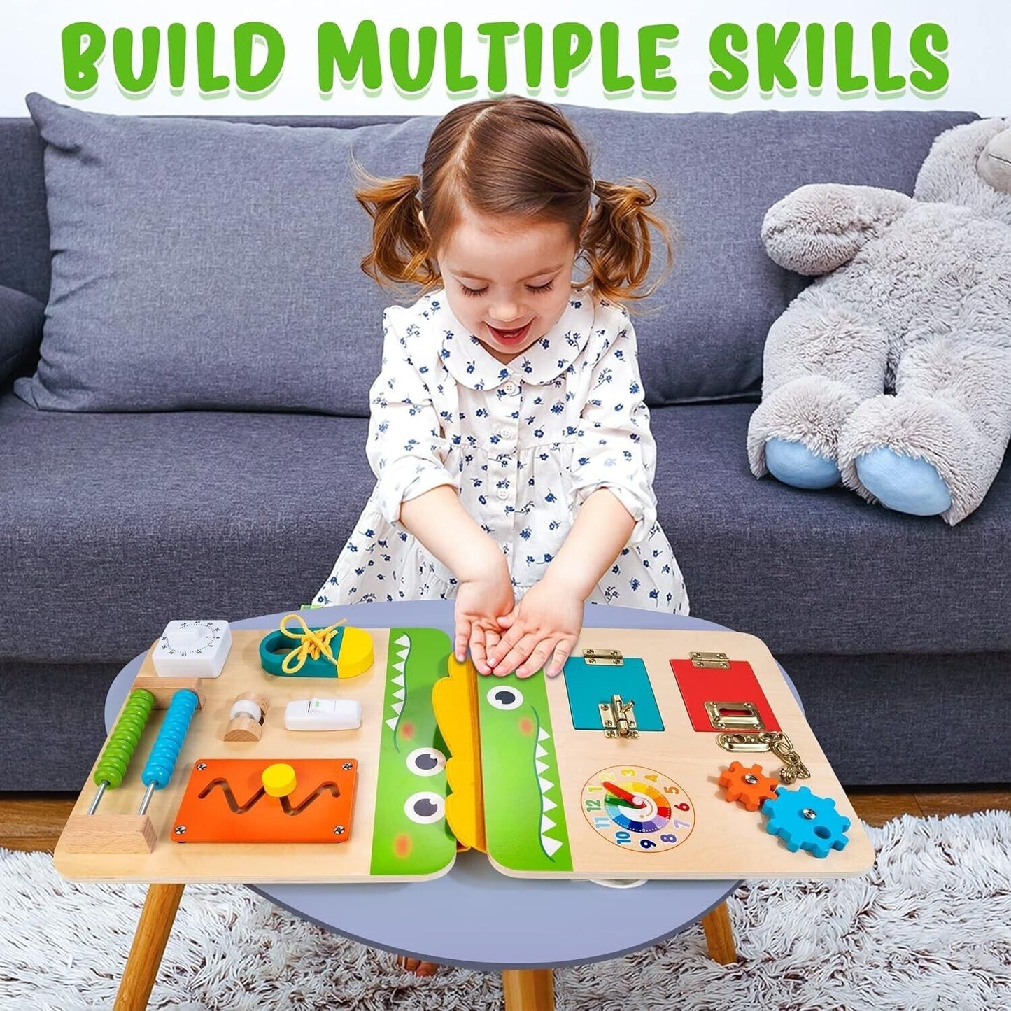Crocodile busy board for kids with various engaging activities for skill development