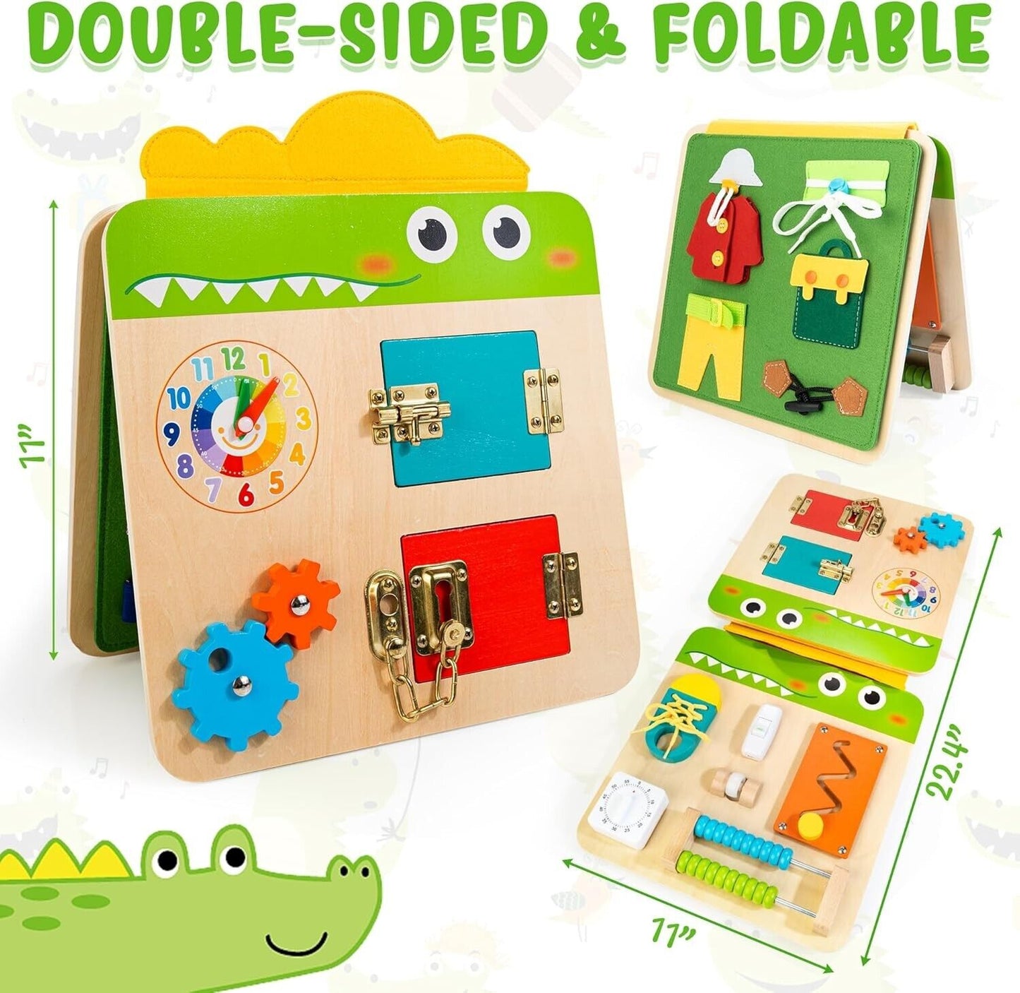 Crocodile busy board for kids featuring interactive activities and bright colours, perfect for learning through play