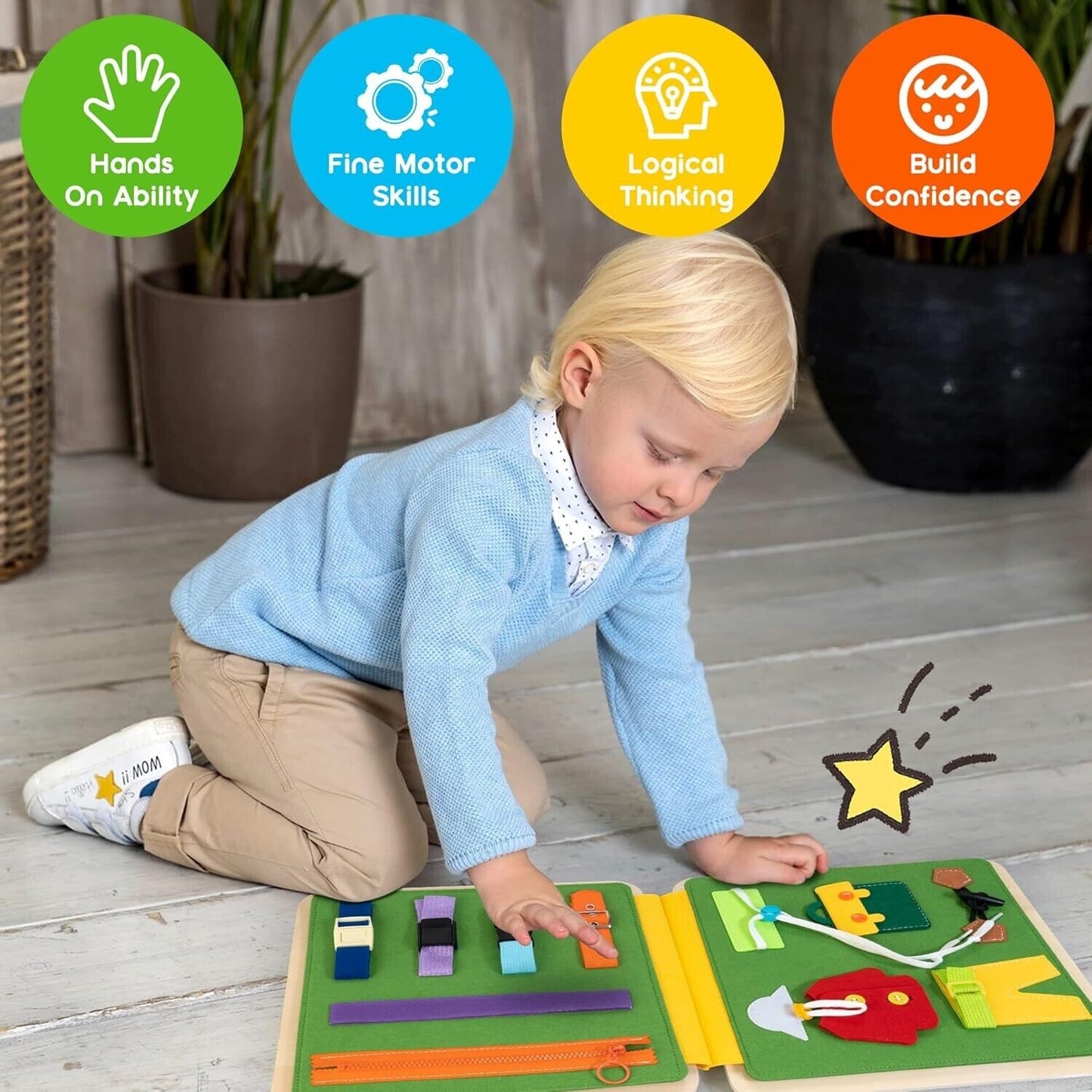 Crocodile busy board for kids featuring various activities to enhance fine motor skills