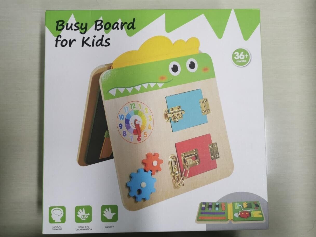 Crocodile busy board for kids featuring various interactive elements for learning and play