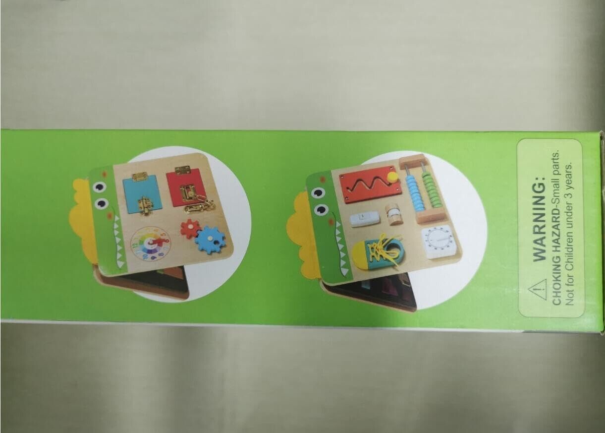 Crocodile busy board for kids featuring educational activities like gears and a clock