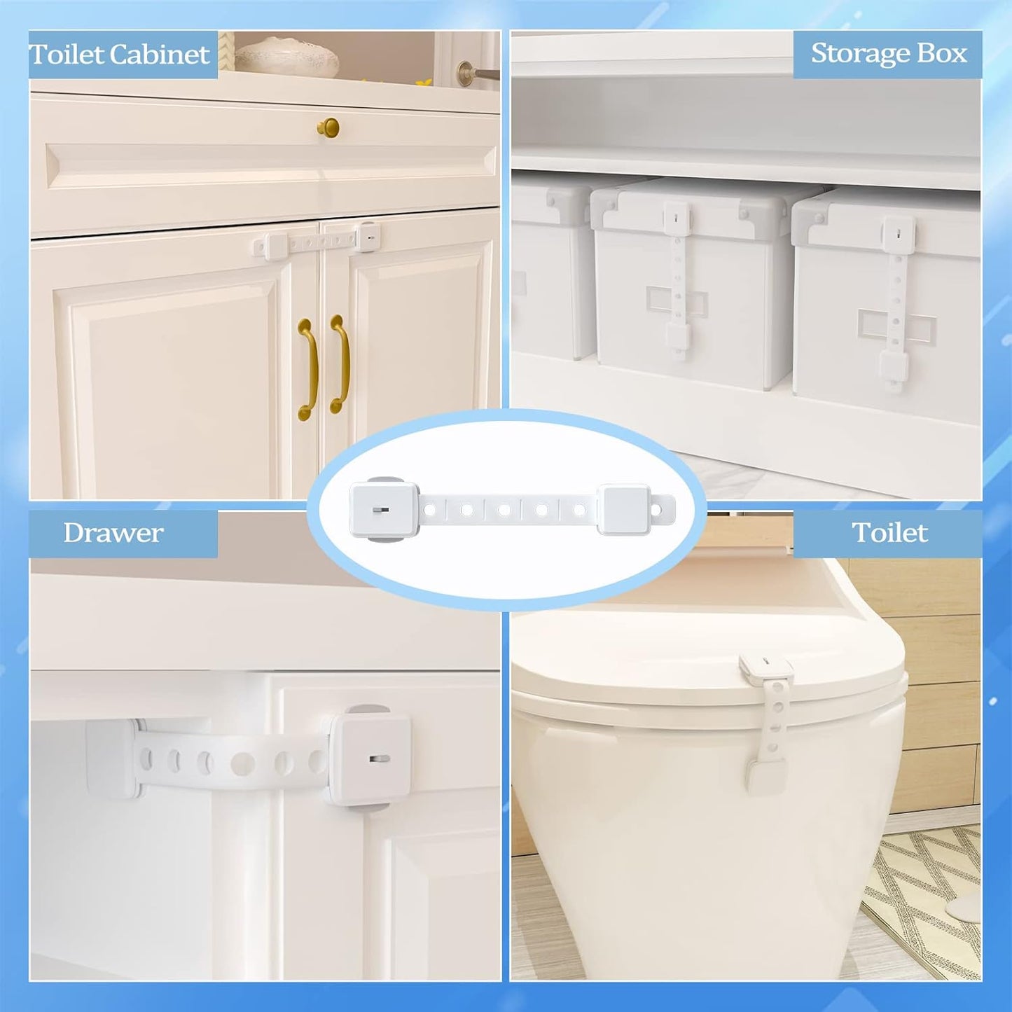 ANGNYA cupboard locks for children in various settings to secure cabinets, drawers, and toilets safely