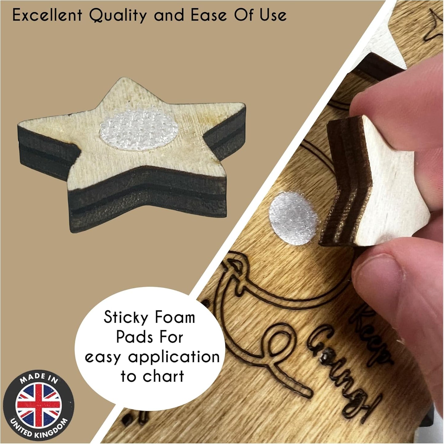 Custom wooden reward chart for children featuring sticky foam pads for easy application and quality craftsmanship