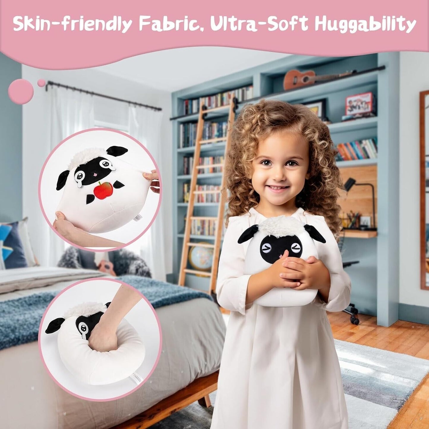 Adorable girl holding a cute sheep plush toy made from skin-friendly fabric for ultra-soft huggability