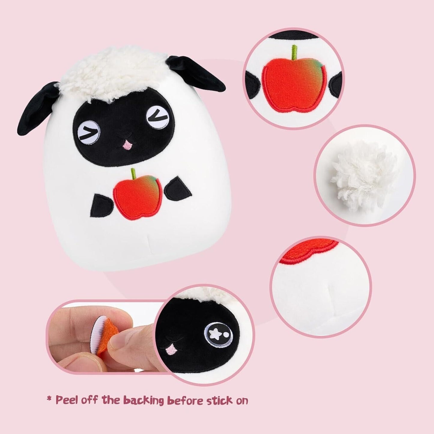Cute sheep plush toy with a red apple design and adorable facial features