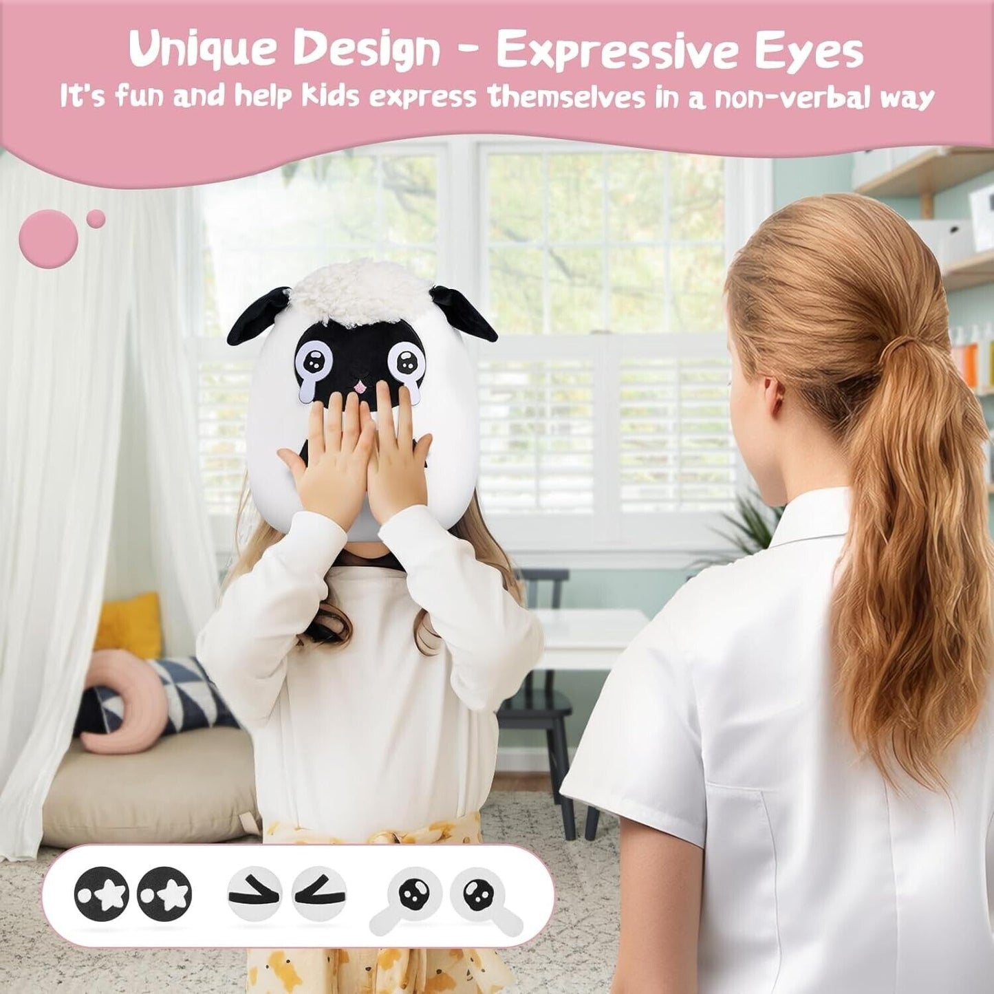 Cute sheep plush toy with expressive eyes for fun, non-verbal interactions in children