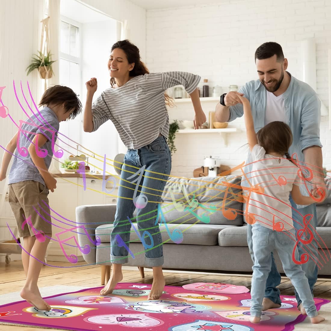 Family playing together on a colourful dance mat toy for girls with musical notes in their living room