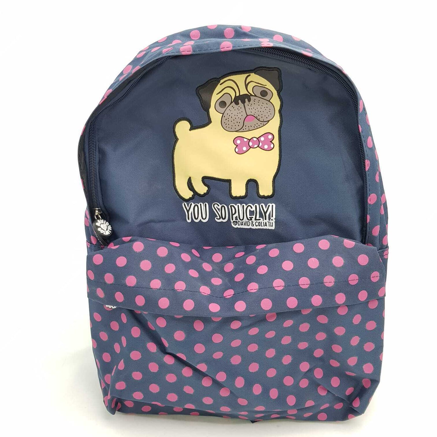 David & Goliath You So Pugly Backpack with Polka Dots and Cute Pug Design