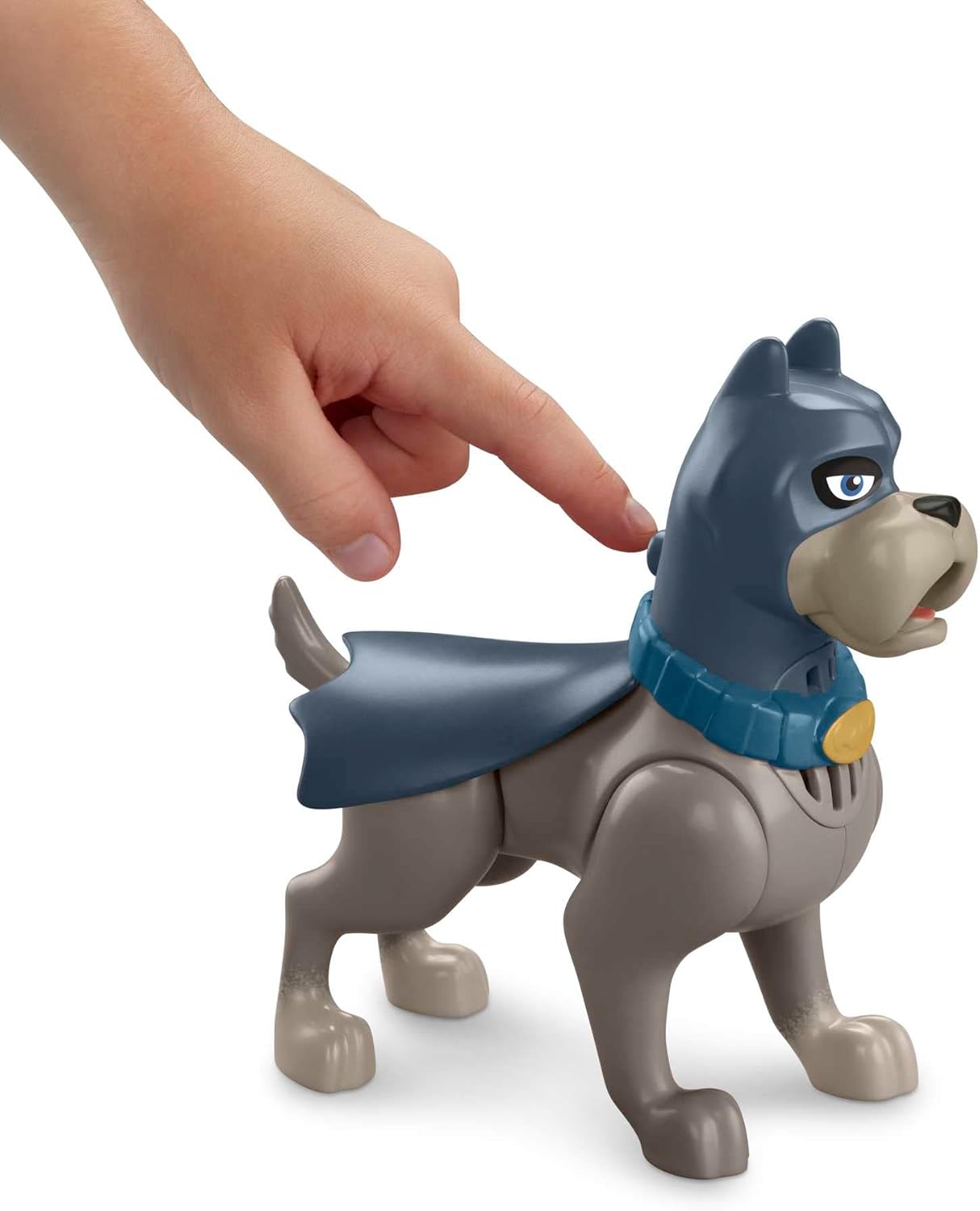 Fisher-Price DC Super Pet League Ace talking toy with a hand pressing on its back for sounds