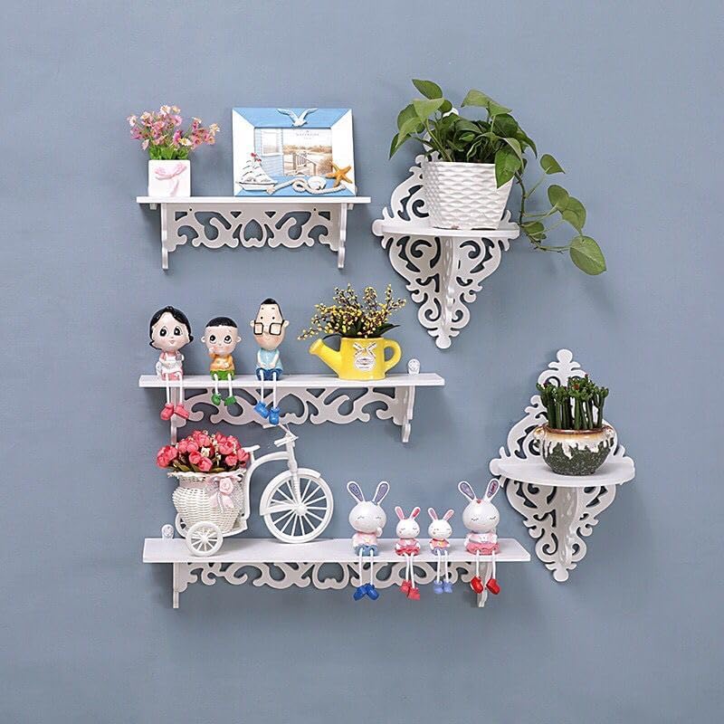 Kokey-xy decorative floating shelves set showcasing plants and decorative items on a blue wall