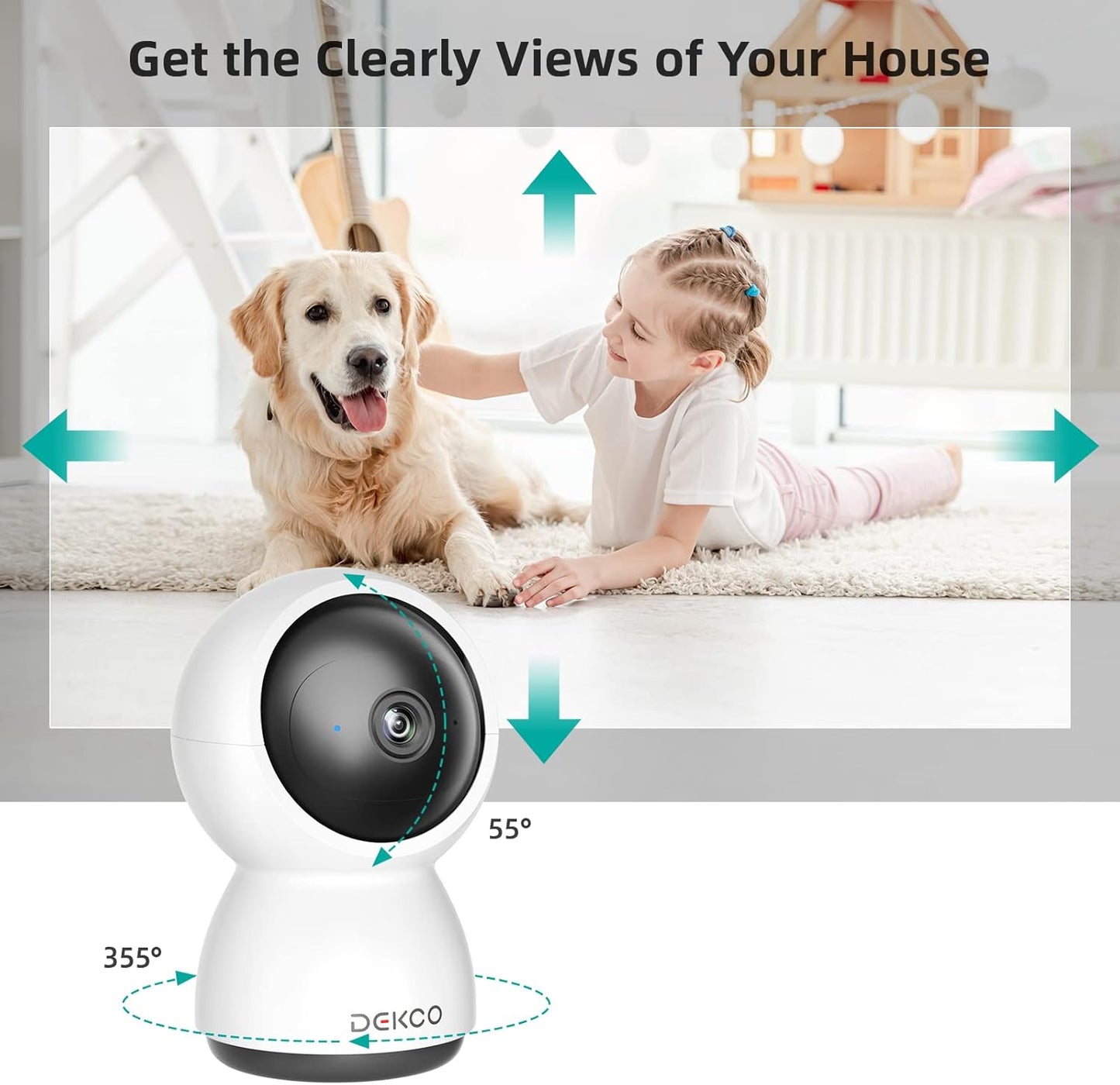 Dekco 2K indoor CCTV camera with adjustable viewing angles capturing a child playing with a dog
