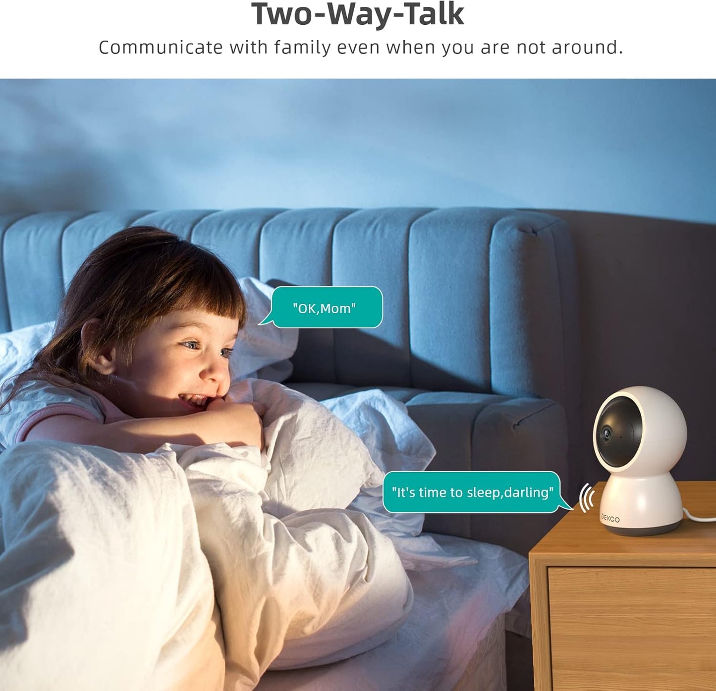 Dekco 2K indoor CCTV camera featuring two-way talk for family communication at home