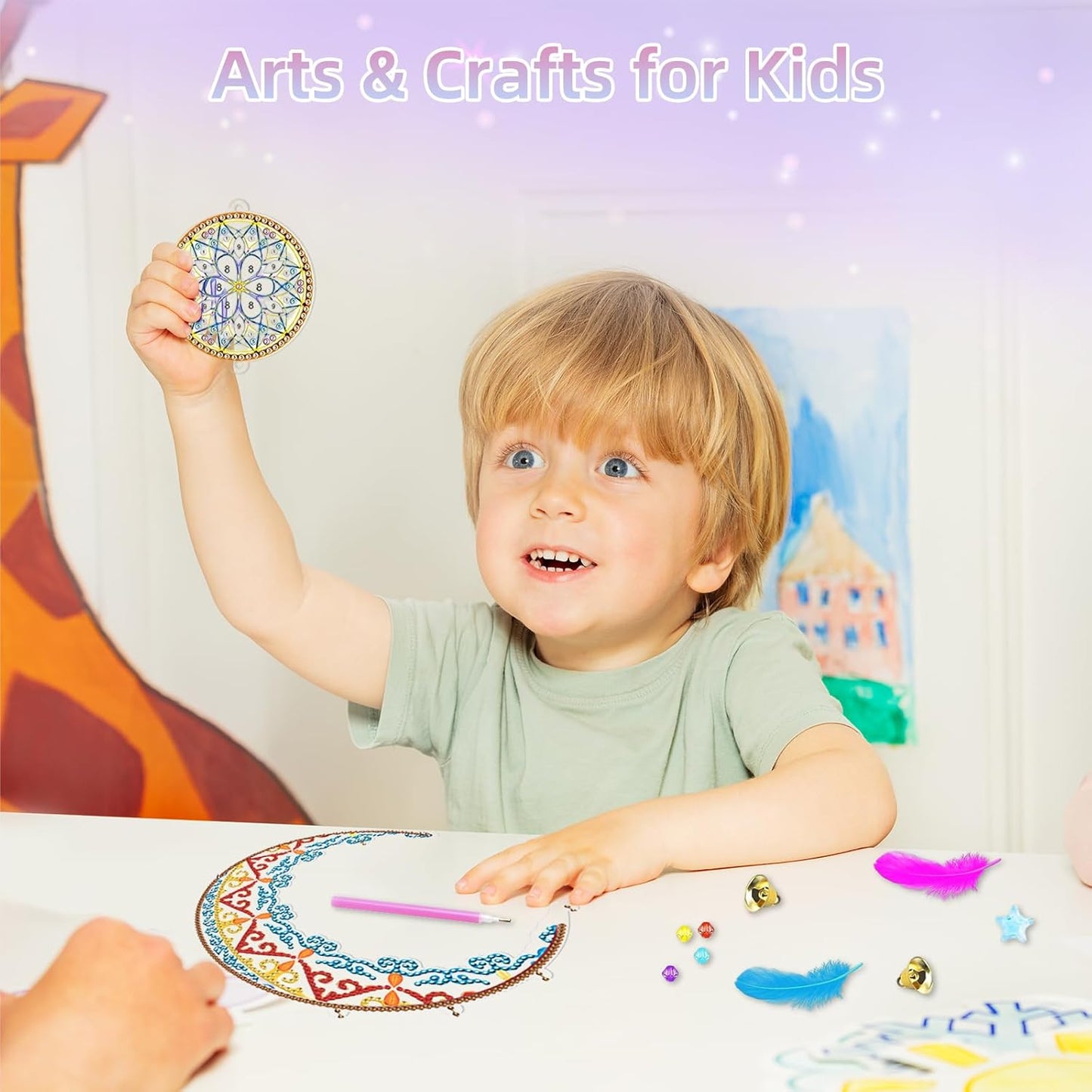 Child engaging with a diamond painting kit moon and feather, creating a fun arts and crafts project