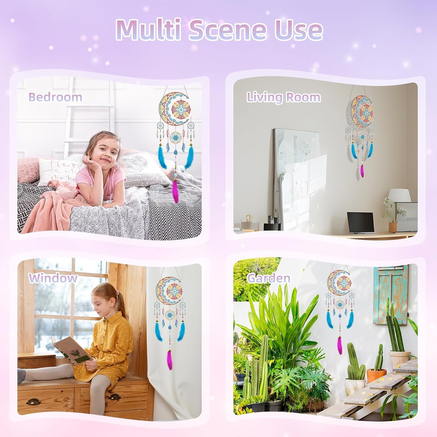 AONYIYI diamond painting kit moon and feather displayed in a bedroom, garden, and window settings