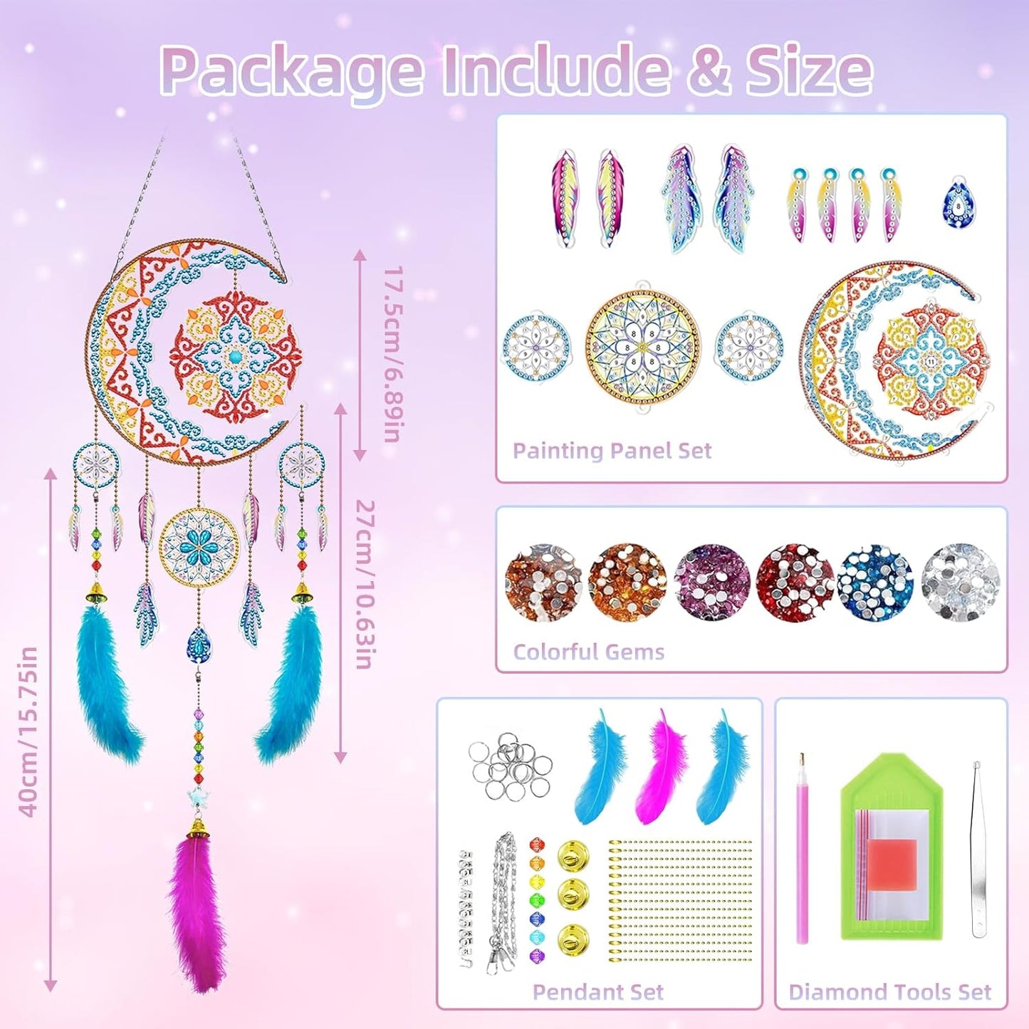 AONYIYI diamond painting kit moon and feather with vibrant gems and tools for crafting enthusiasts