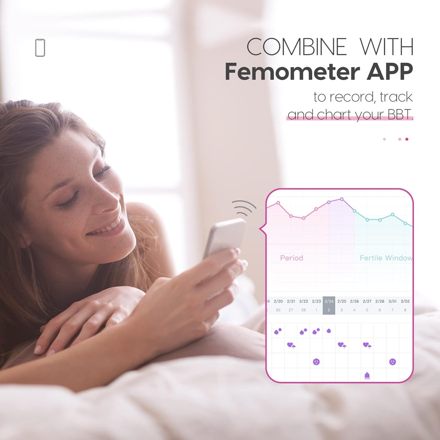 Woman using a smartphone with Femometer app to track digital basal thermometer for fertility tracking