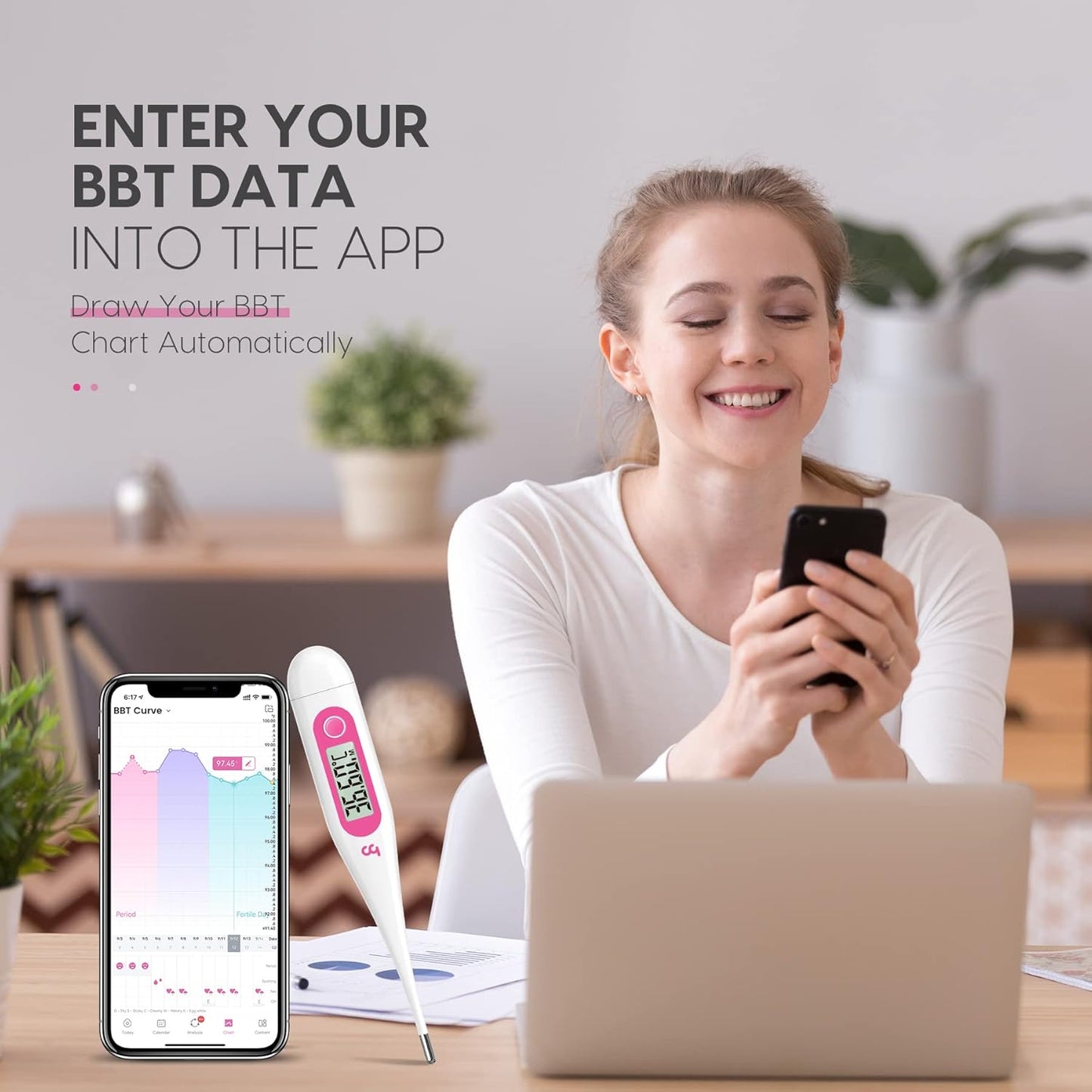 User tracking fertility with Femometer digital basal thermometer for fertility tracking and smartphone app