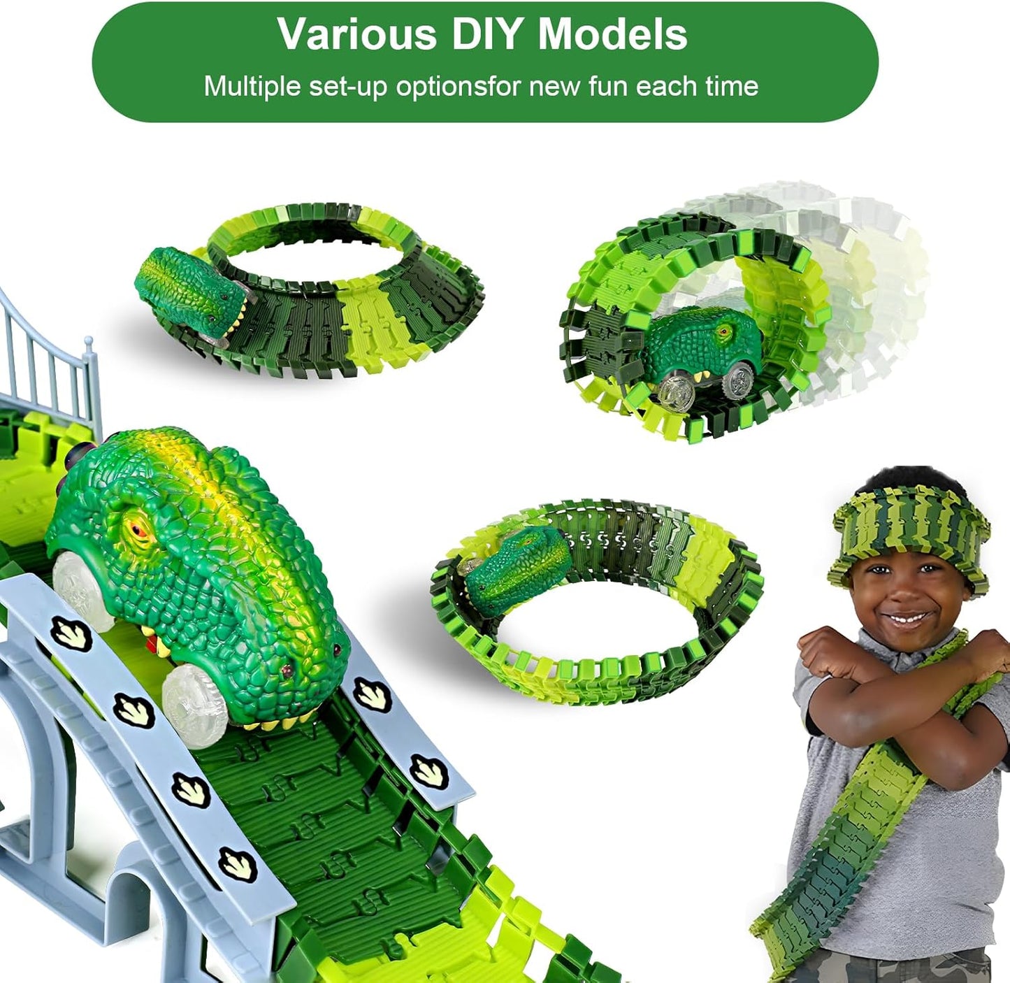 Dinosaur race track toy set with flexible track designs and a playful dinosaur car, ideal for creative play