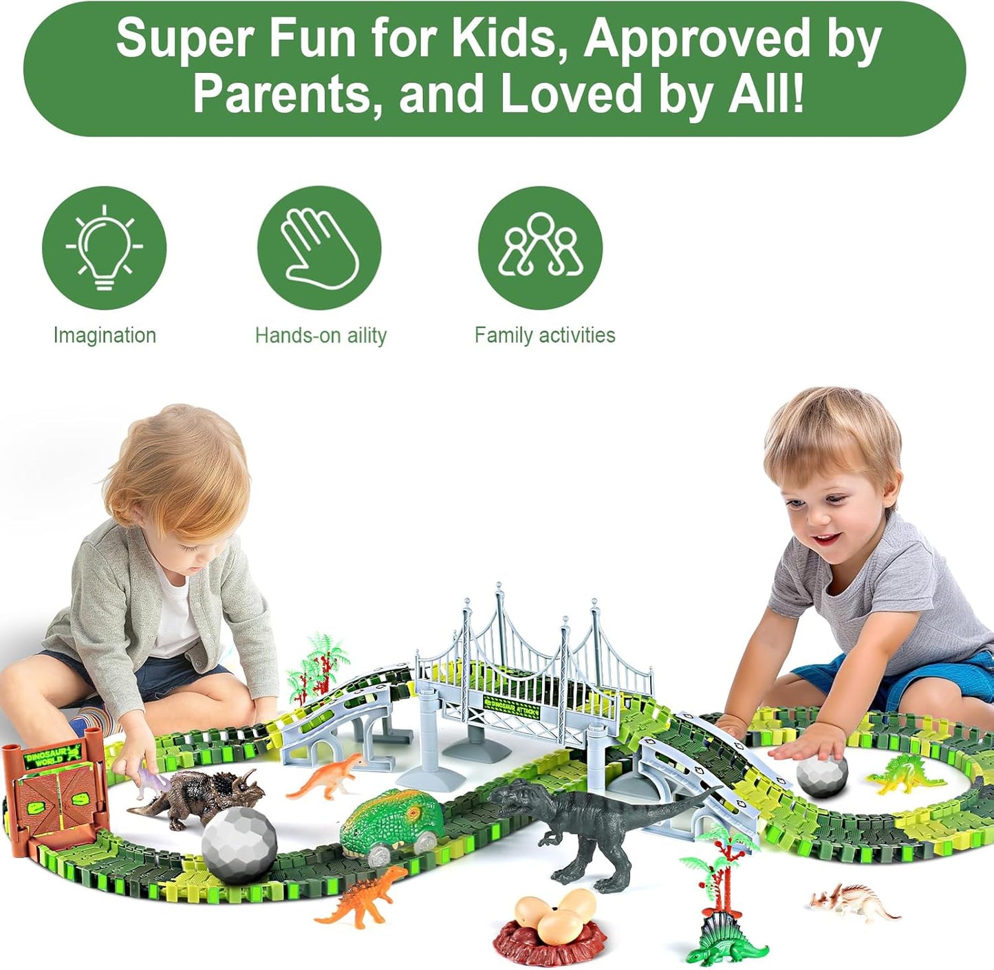 Children playing with the dinosaur race track toy set featuring tracks, dinosaurs, and accessories
