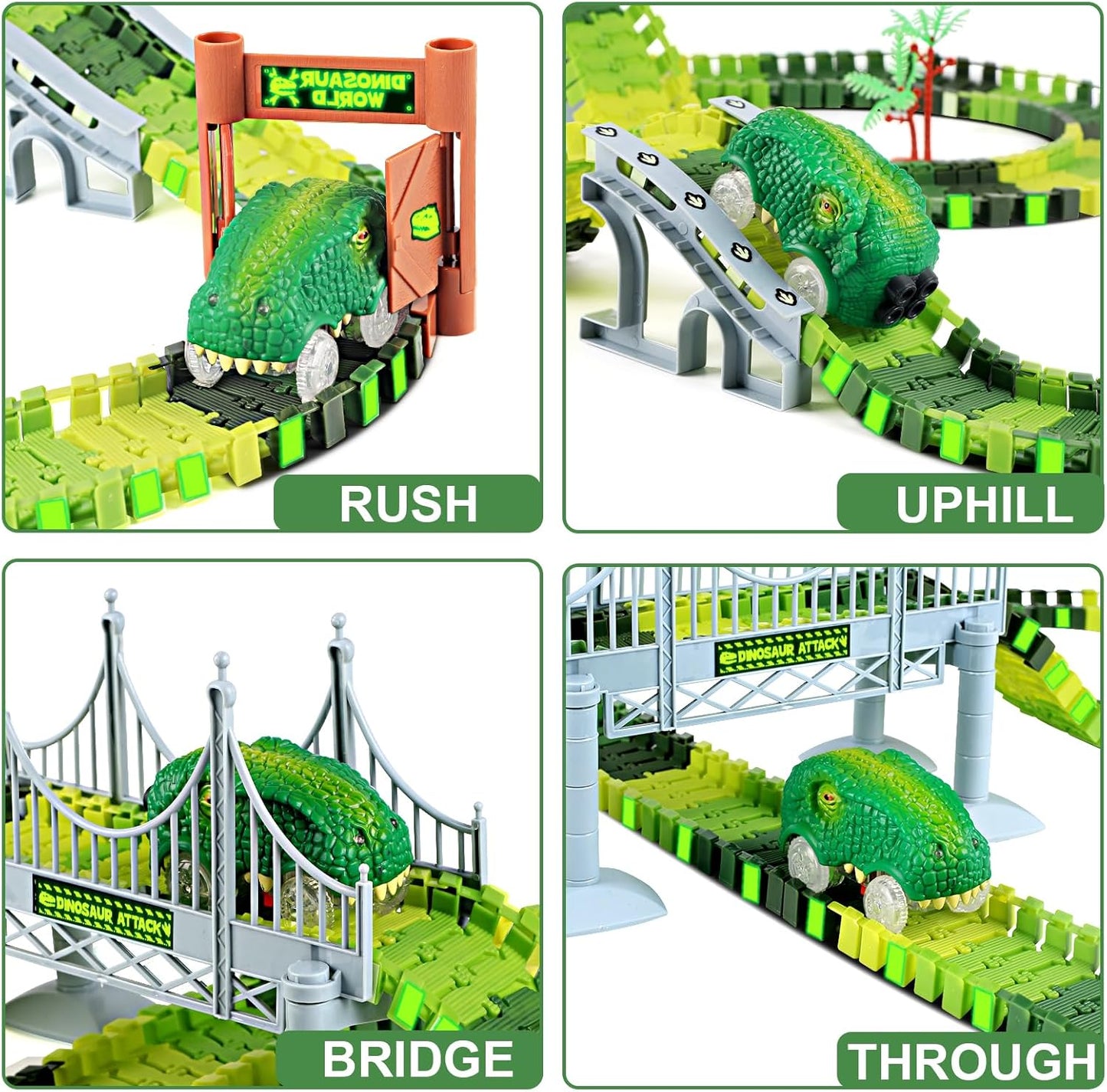 Dinosaur race track toy set featuring various track designs and a dinosaur vehicle for thrilling playtime