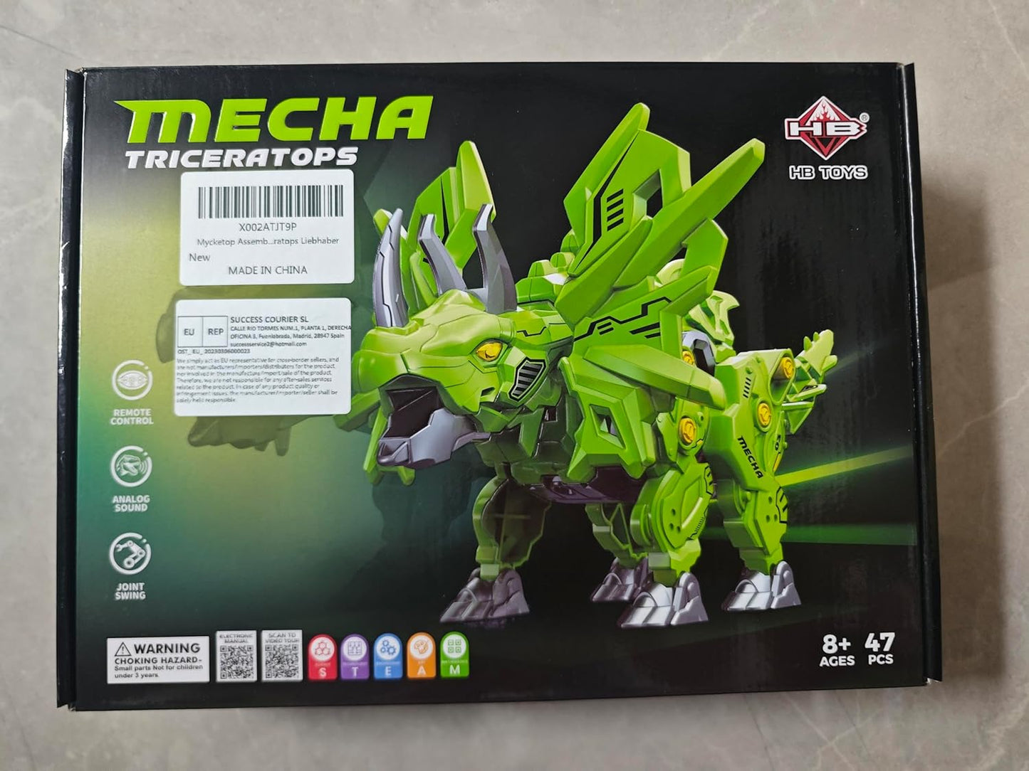 Mycketop Mecha Triceratops remote control dinosaur toy for kids with movable parts and vibrant green design