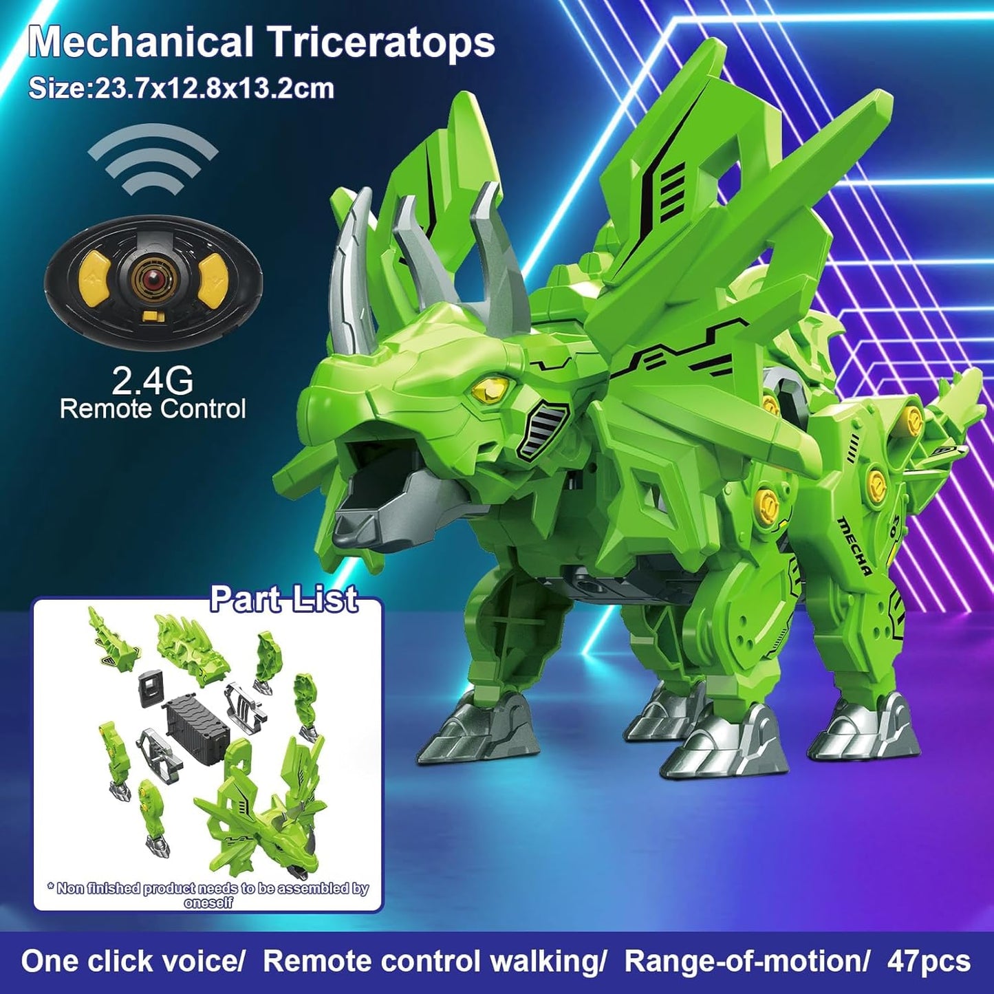 Mycketop Mechanical Triceratops remote control dinosaur toy for kids with vibrant green design and 2.4G remote control