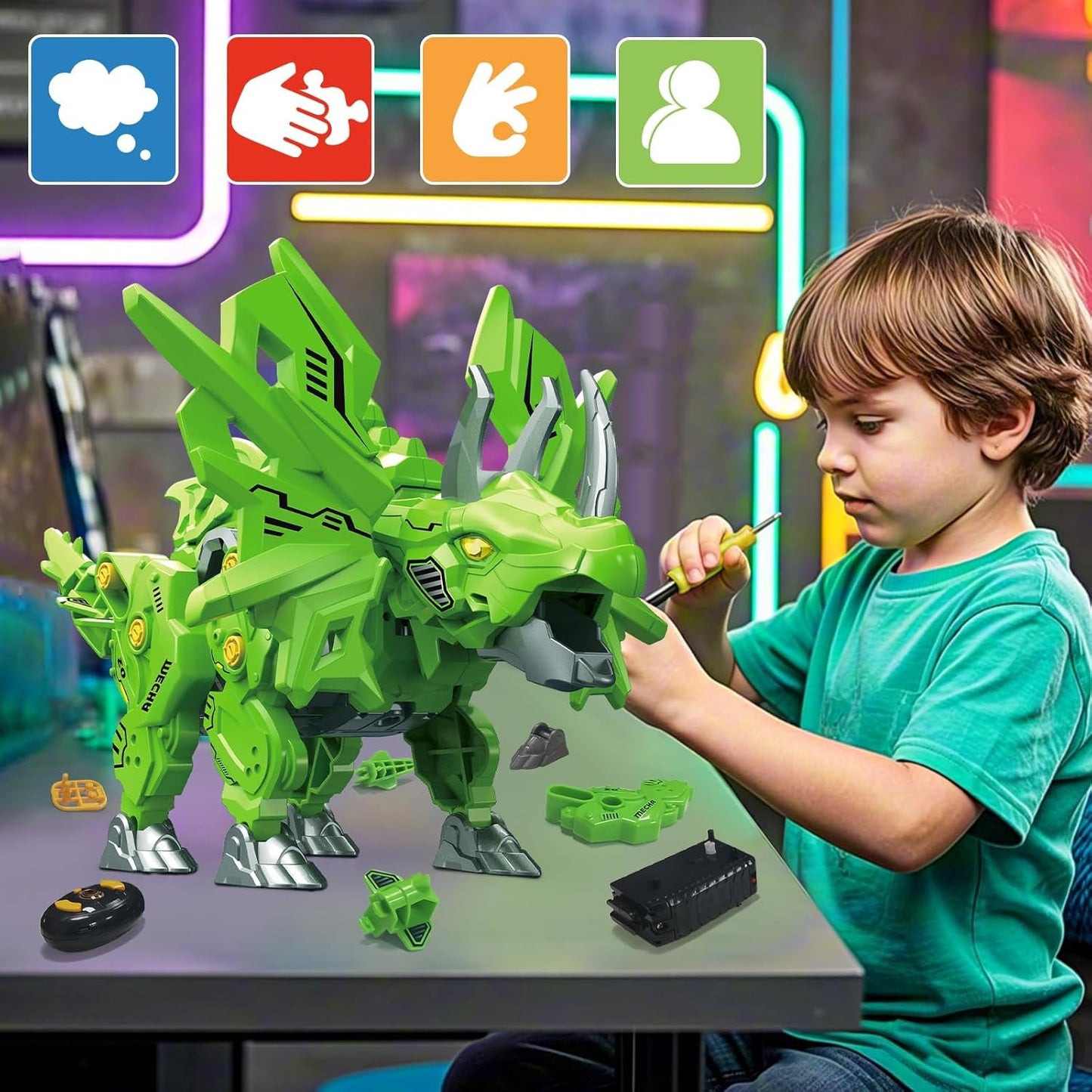 Child playing with a remote control dinosaur toy for kids on a colourful table, showcasing interactive features