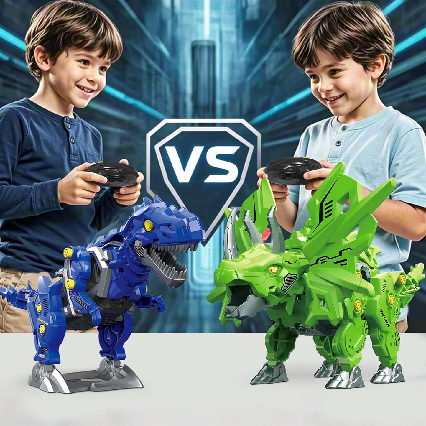 Two children playing with remote control dinosaur toy for kids, featuring blue and green robotic dinosaurs