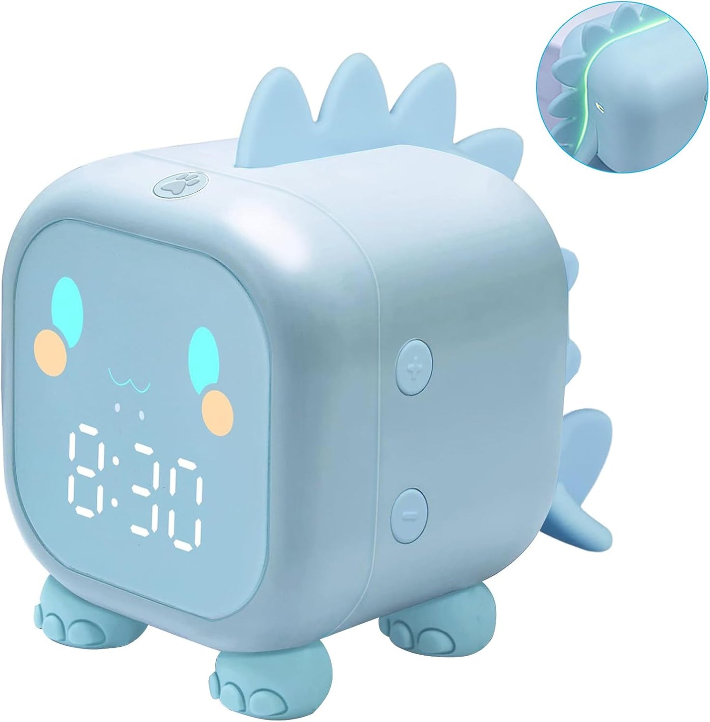 Dinosaur sleep training clock for kids in blue with LED display and playful design