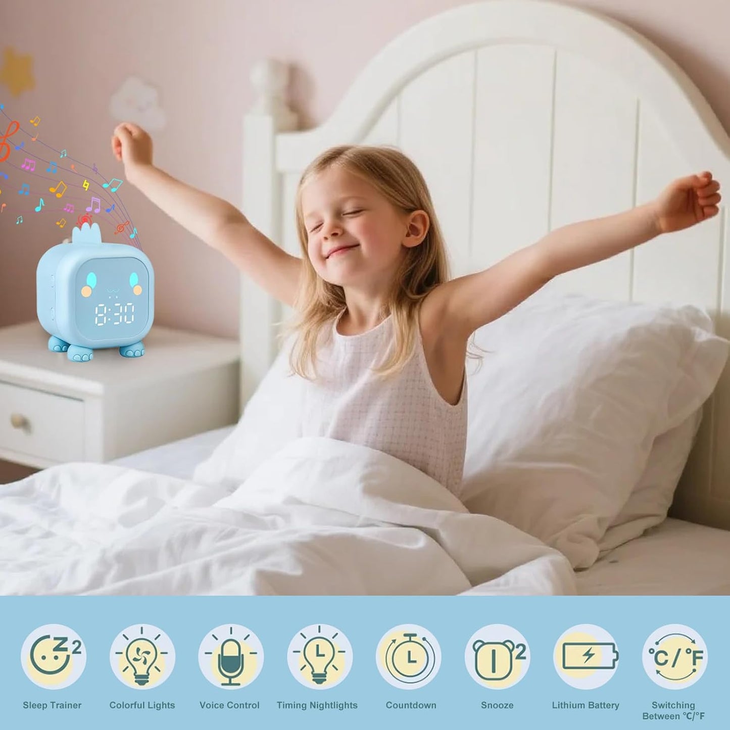 Dinosaur sleep training clock for kids with colourful lights and voice control on a bedside table