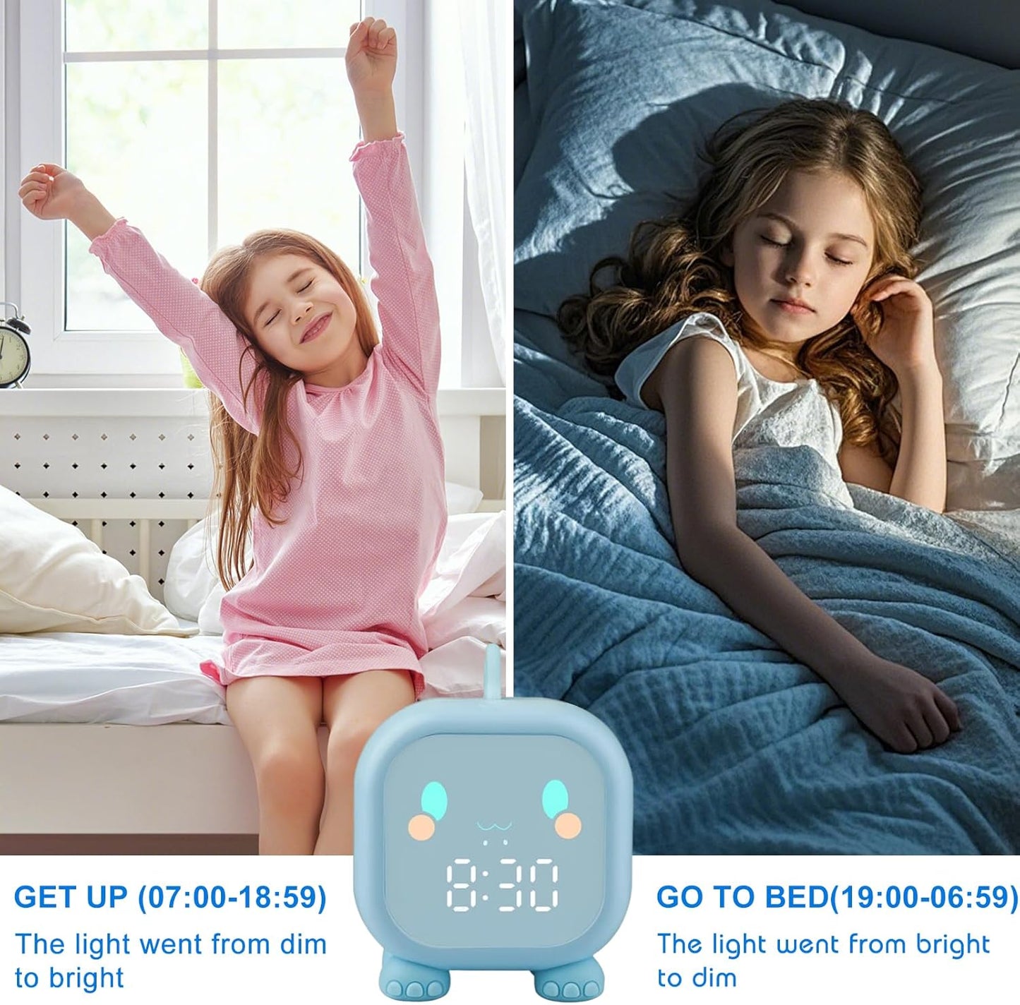 Dinosaur sleep training clock for kids showing bright and dim light settings for bedtime routine