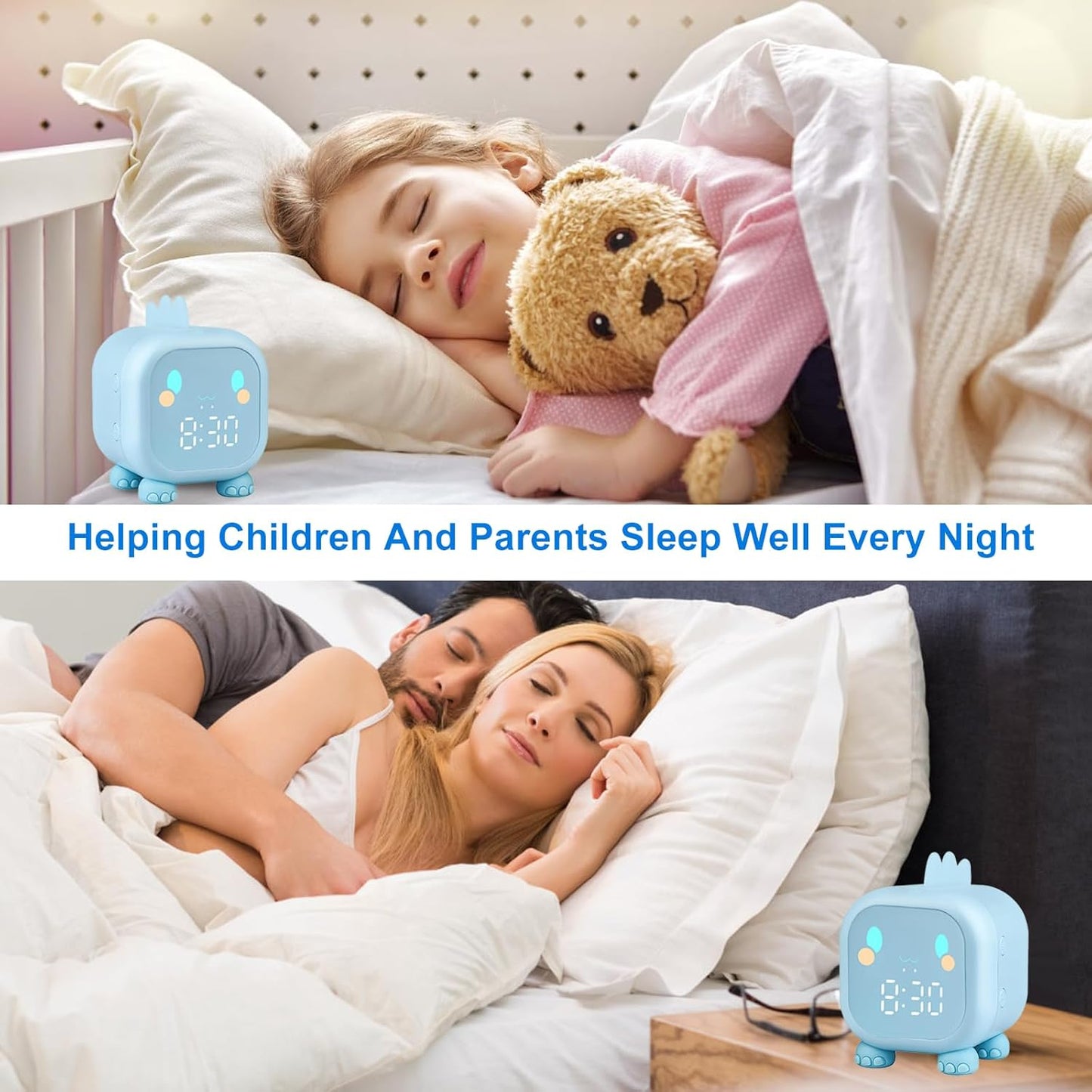 Dinosaur sleep training clock for kids in soft blue, helping children and parents sleep well every night