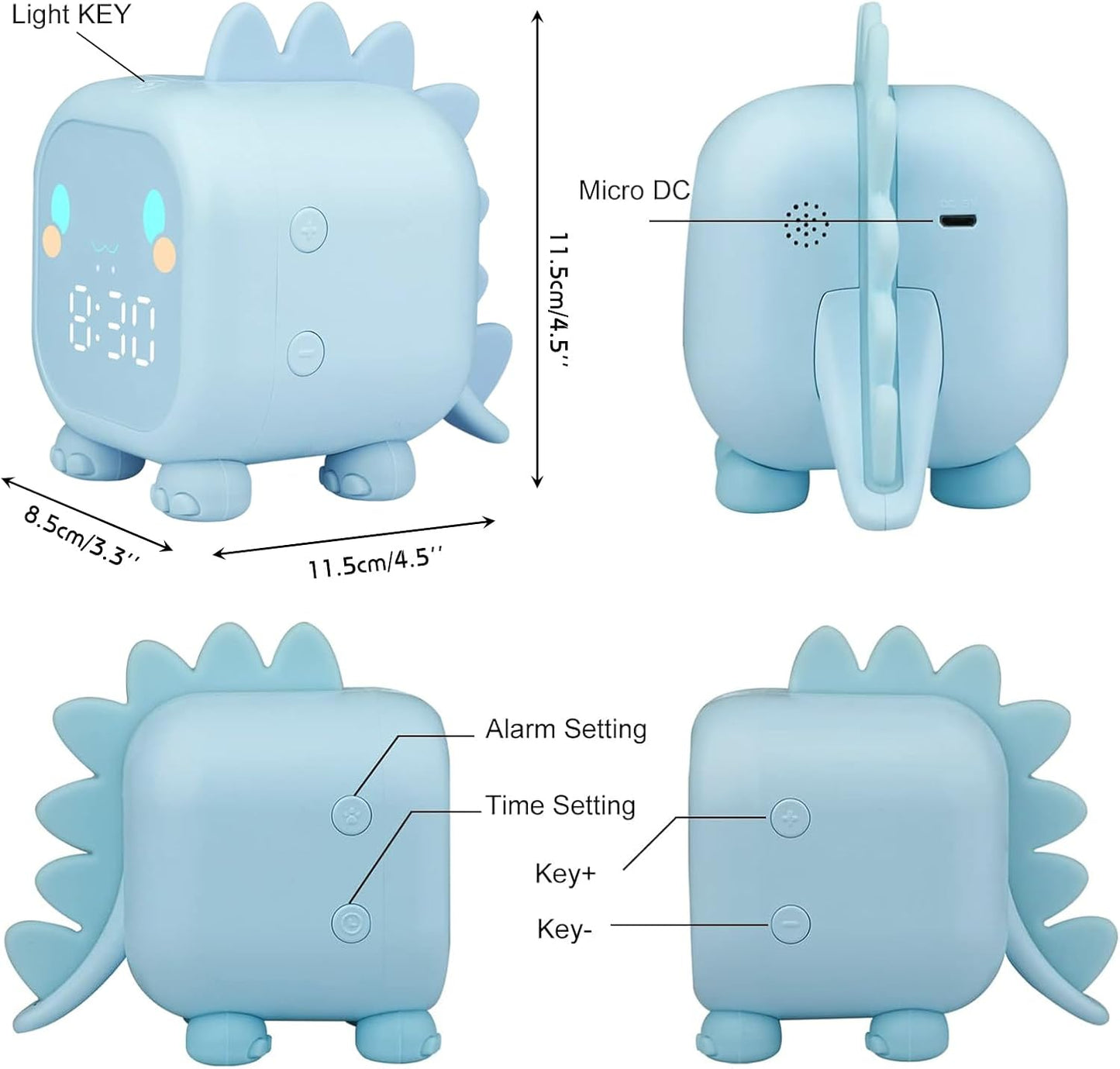 Cute blue dinosaur sleep training clock for kids with digital display and adjustable settings