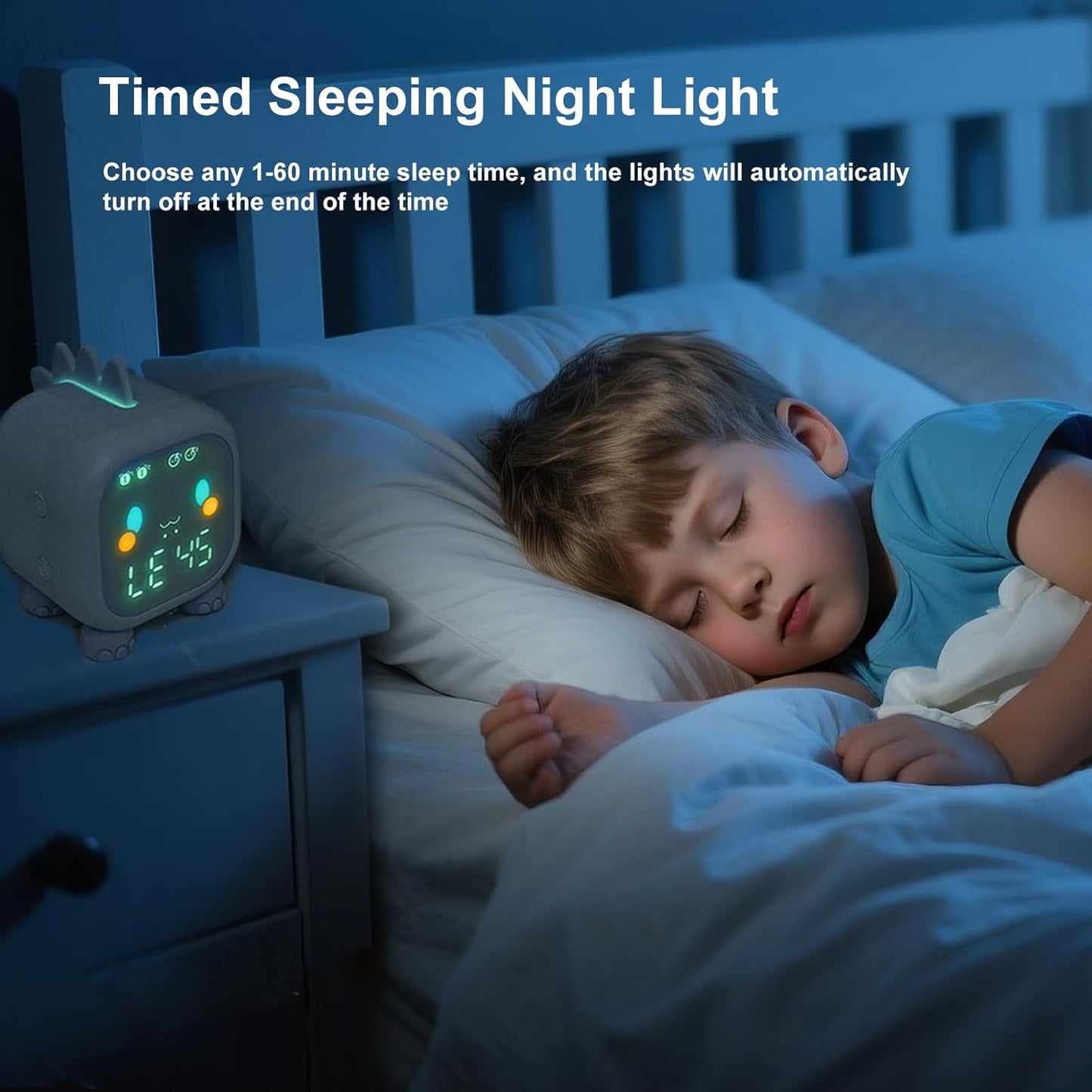Dinosaur sleep training clock for kids emitting a calming light beside a sleeping child in bed