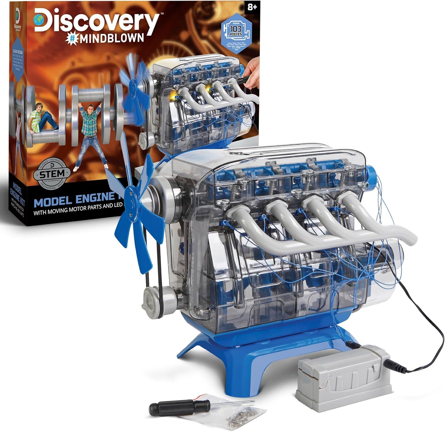 Discovery Model Engine Kit for Kids with Moving Parts and LED Lights for STEM Learning