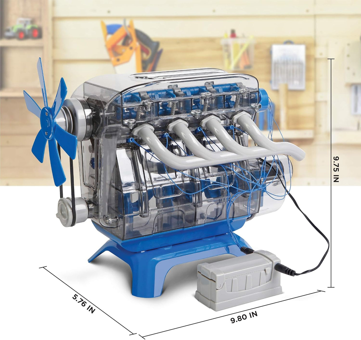 Discovery model engine kit for kids featuring a detailed transparent engine with moving parts and a power unit