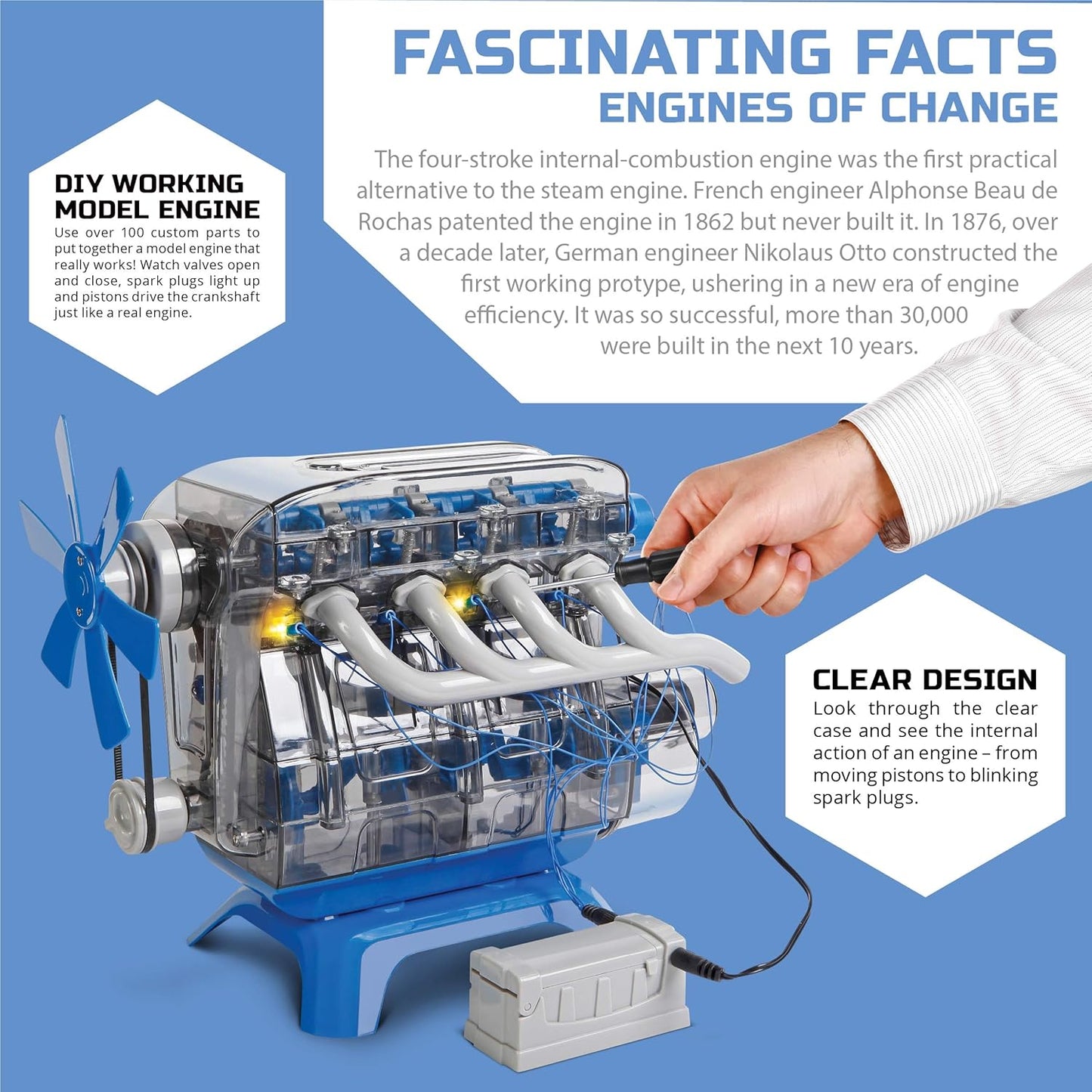 Discovery model engine kit for kids with clear design to view internal engine action and spark plugs