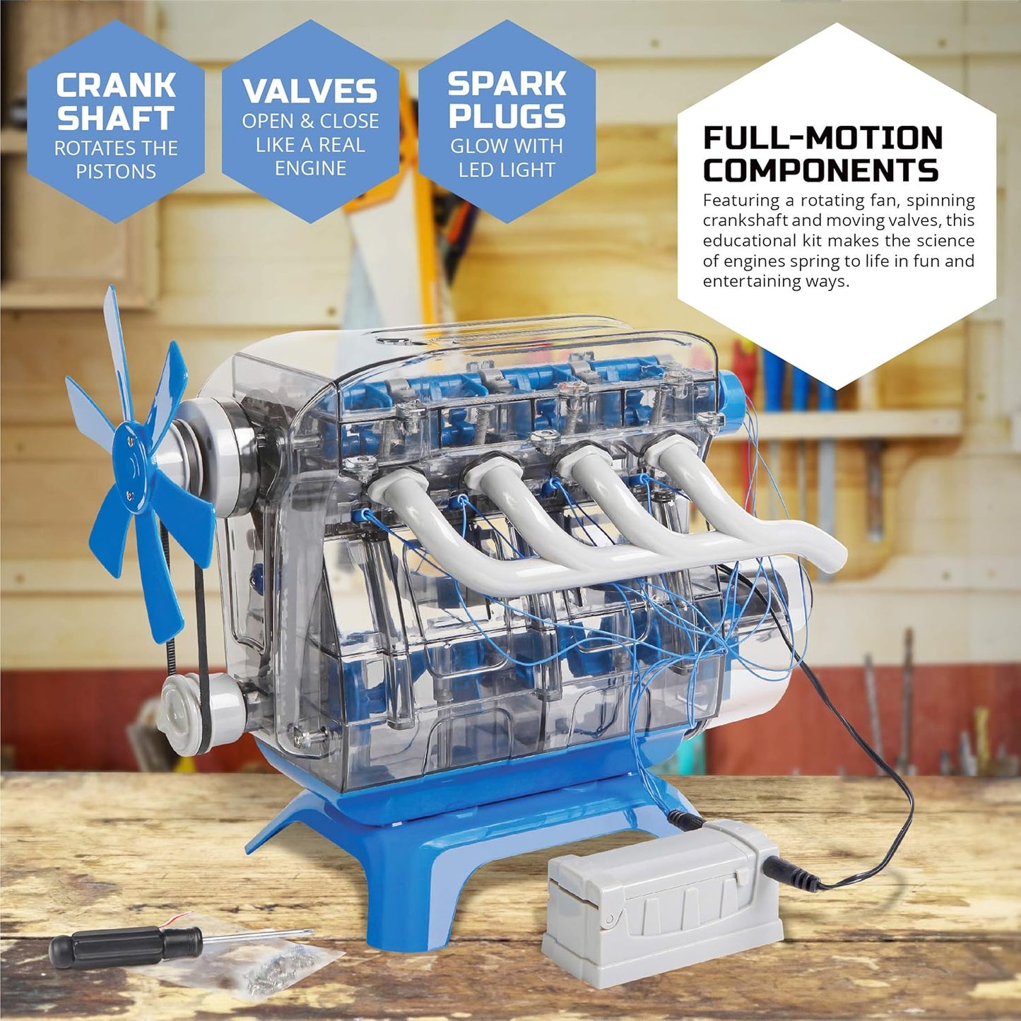 Discovery model engine kit for kids showcasing full-motion components and glowing spark plugs
