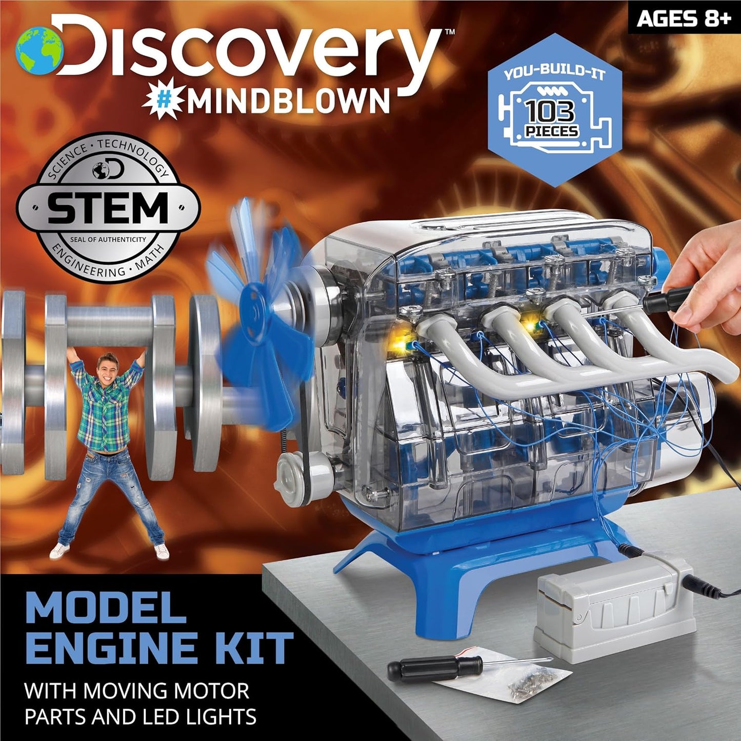 Discovery Mindblown model engine kit for kids with 103 pieces and moving motor parts and LED lights