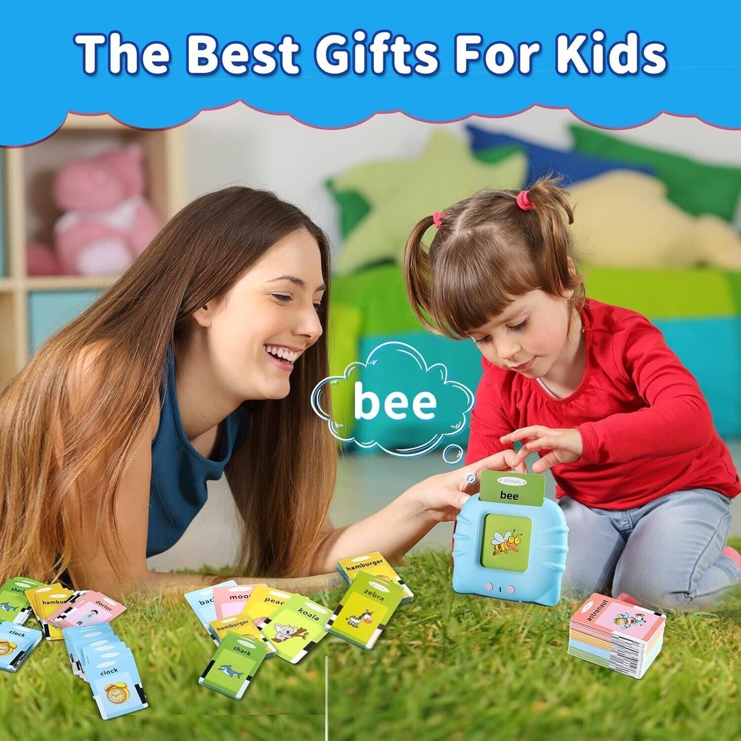 Mother and daughter using the early educational voice card toy for interactive learning and fun