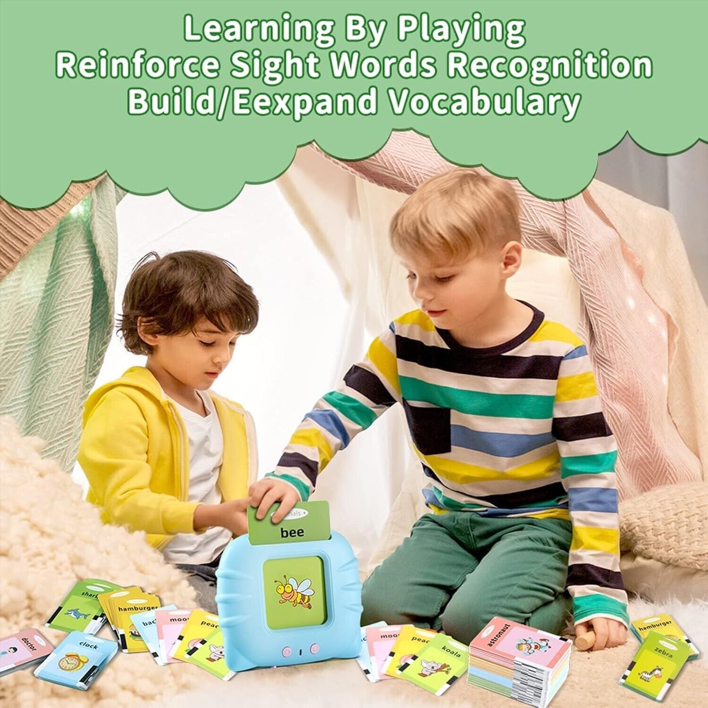 Children using early educational voice card toy to learn sight words and expand vocabulary through play