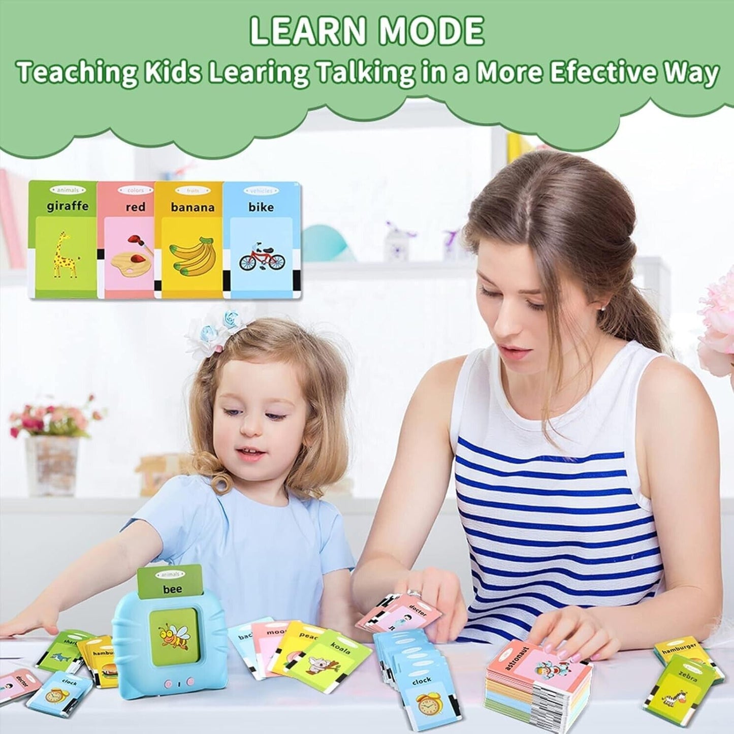 Child and parent interacting with early educational voice card toy featuring colourful cards and learning modes